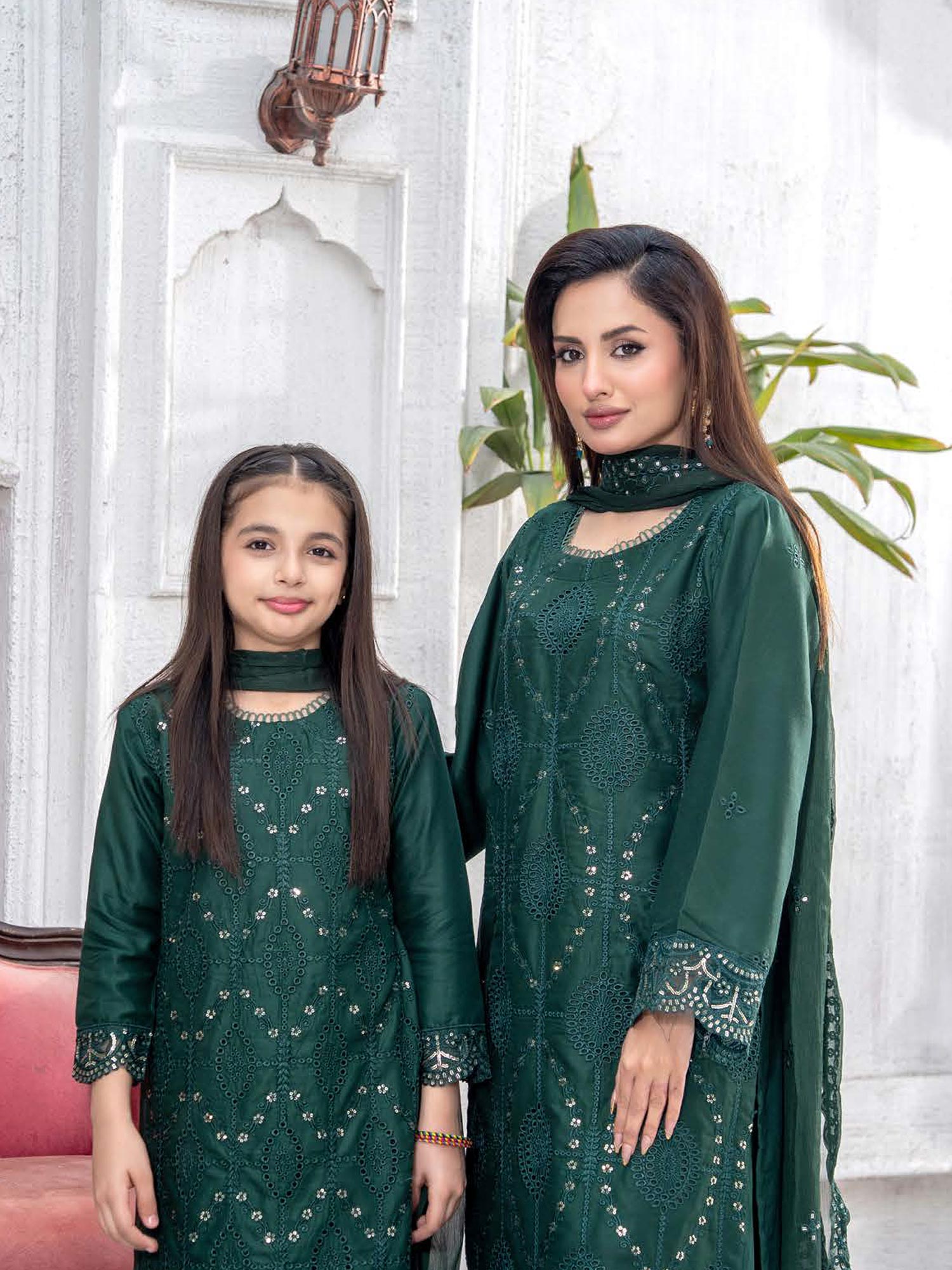 Rangz Mother-Daughter Linen Embroidered Chikankari Suit - Green