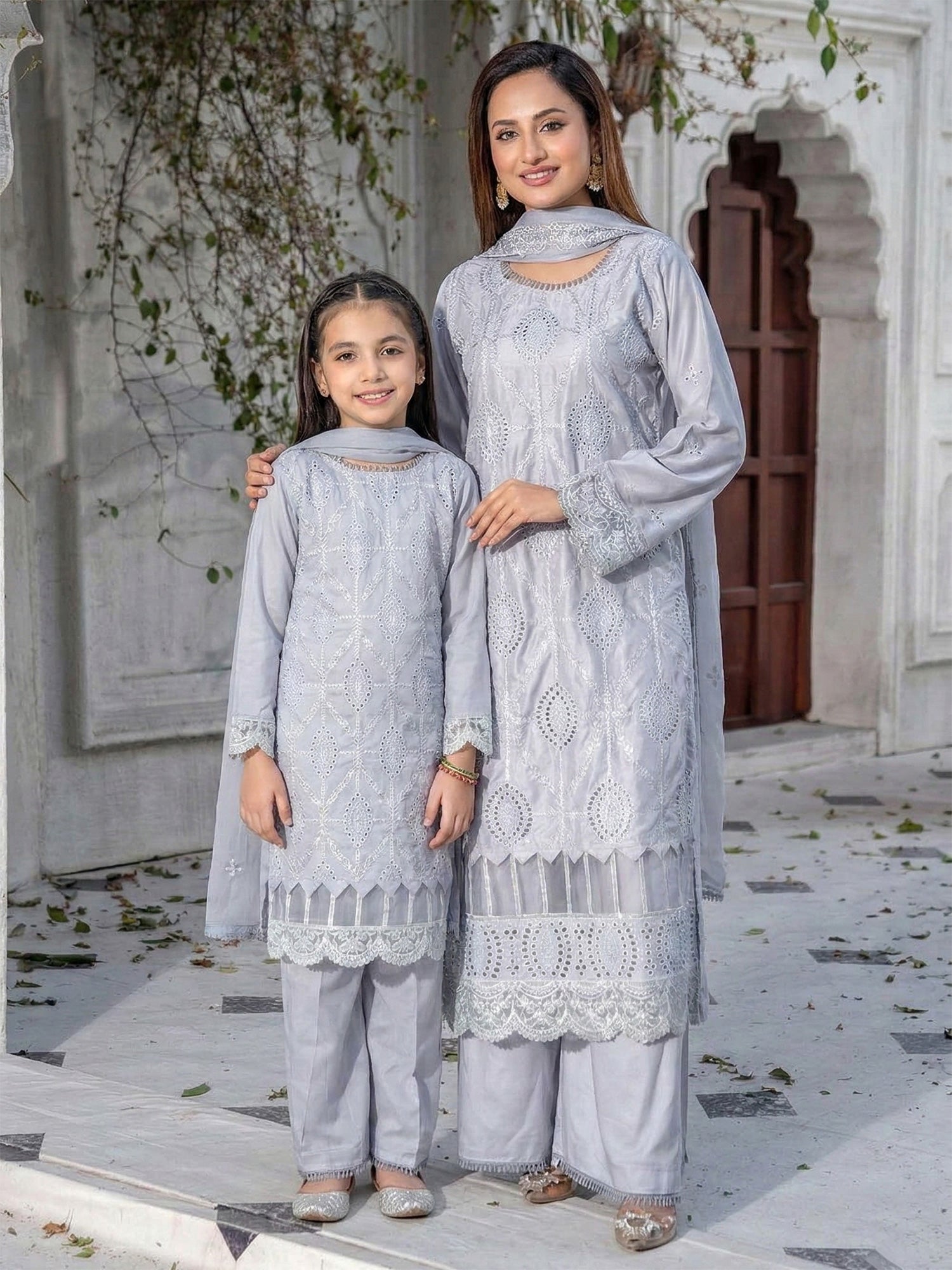 Rangz Mother-Daughter Linen Embroidered Chikankari Suit - Grey
