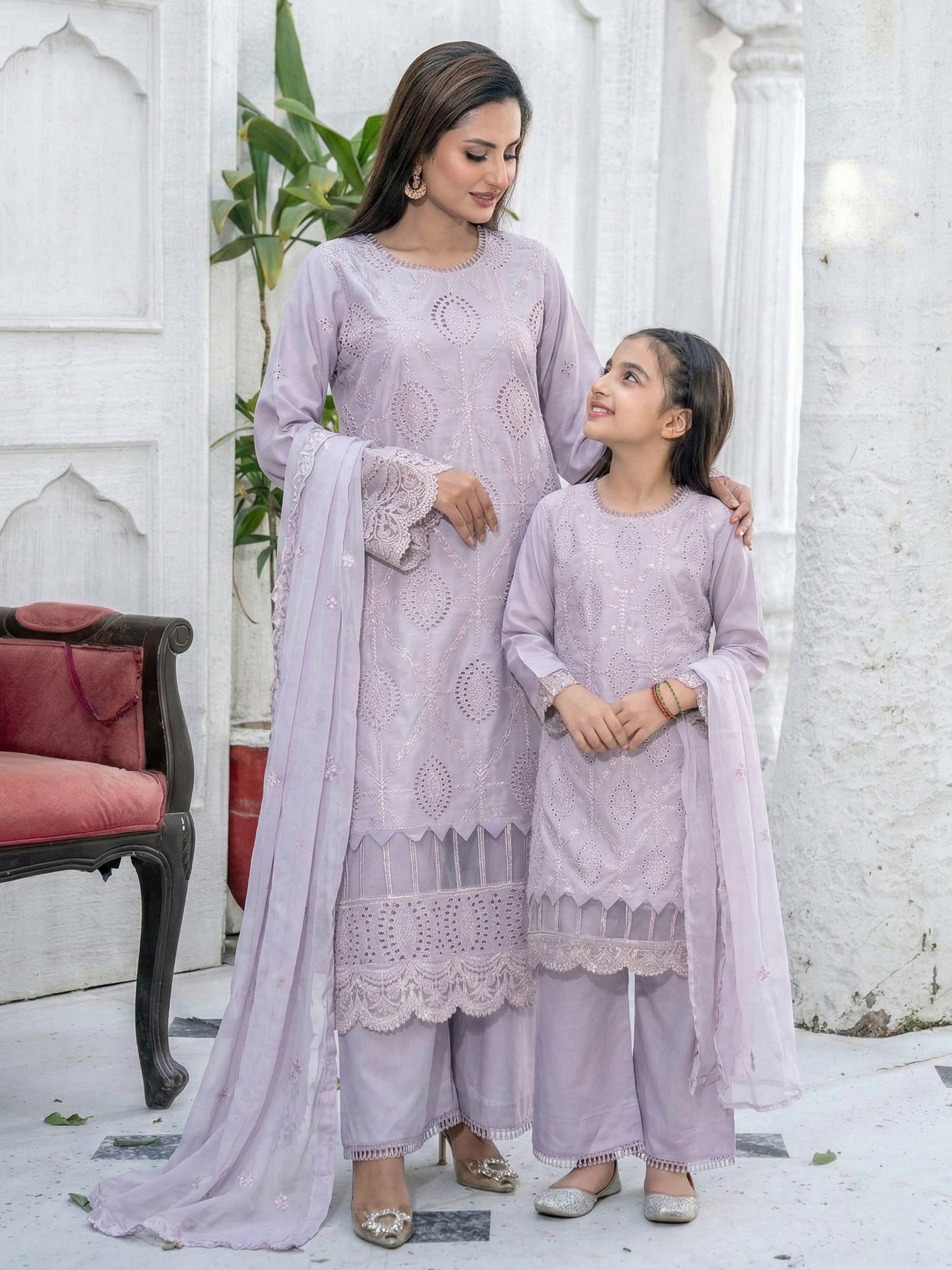Rangz Mother-Daughter Linen Embroidered Chikankari Suit - Lilac