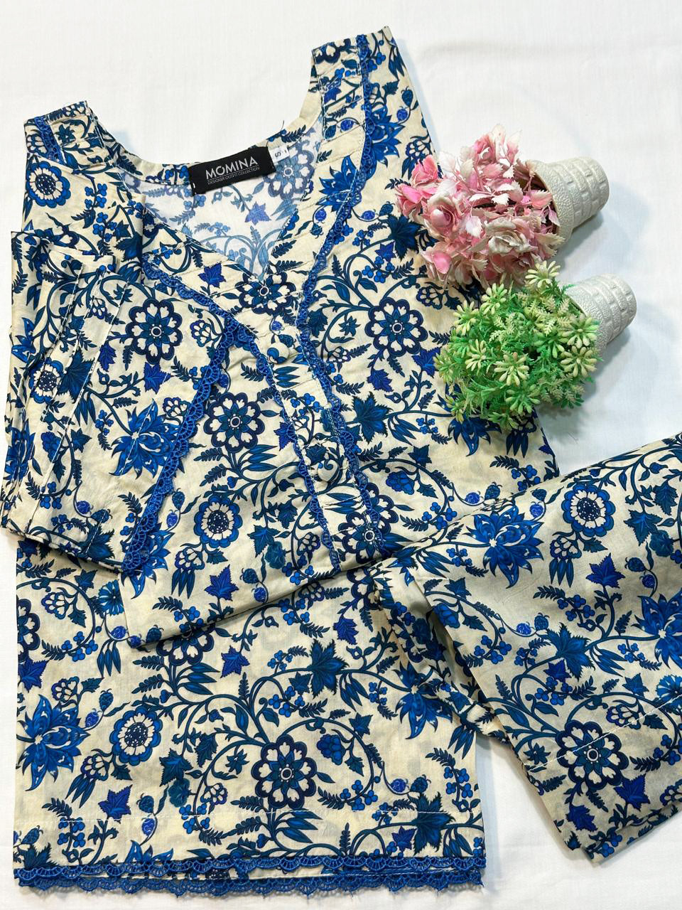 Cream & Blue Casual Printed Lawn 2-Piece Suit