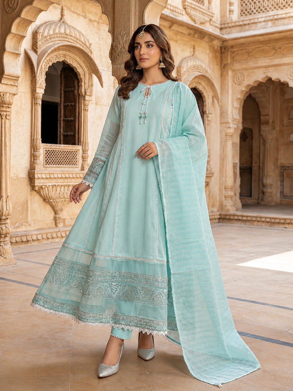 Arfa Riwaj Embroidered Raw Silk 3-Piece Suit - Aqua