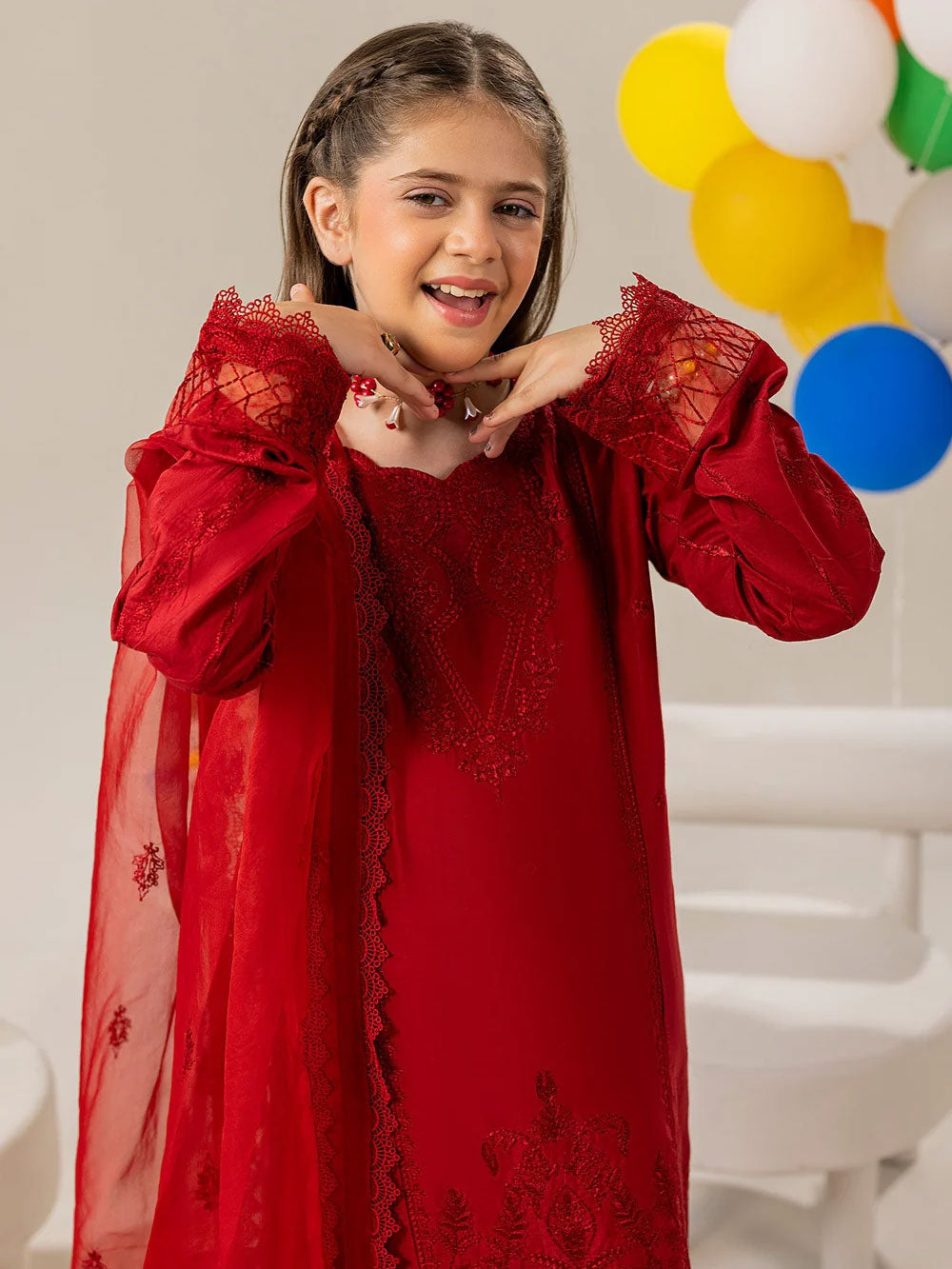 Zarqun Kids "Nissa" Embroidered Lawn Suit - Red (2537B)