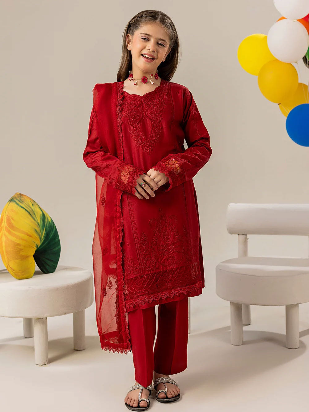 Zarqun Kids "Nissa" Embroidered Lawn Suit - Red (2537B)