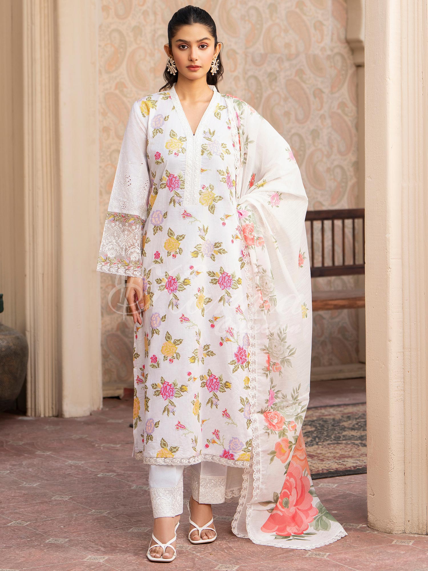 Karma Collection "Kayseria" White Embroidered Suit (KC1413)