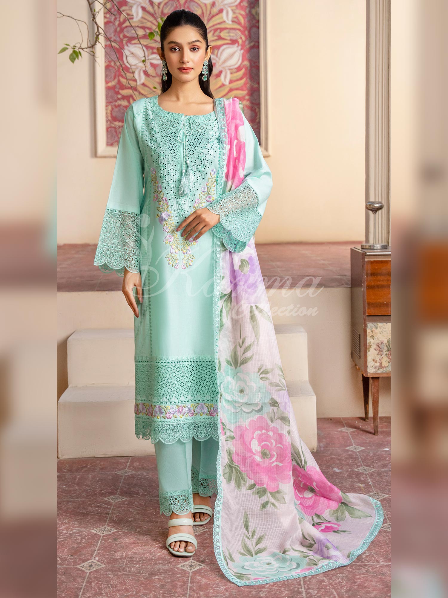 Karma Collection "Kayseria" Turquoise Embroidered Suit (KC1419)