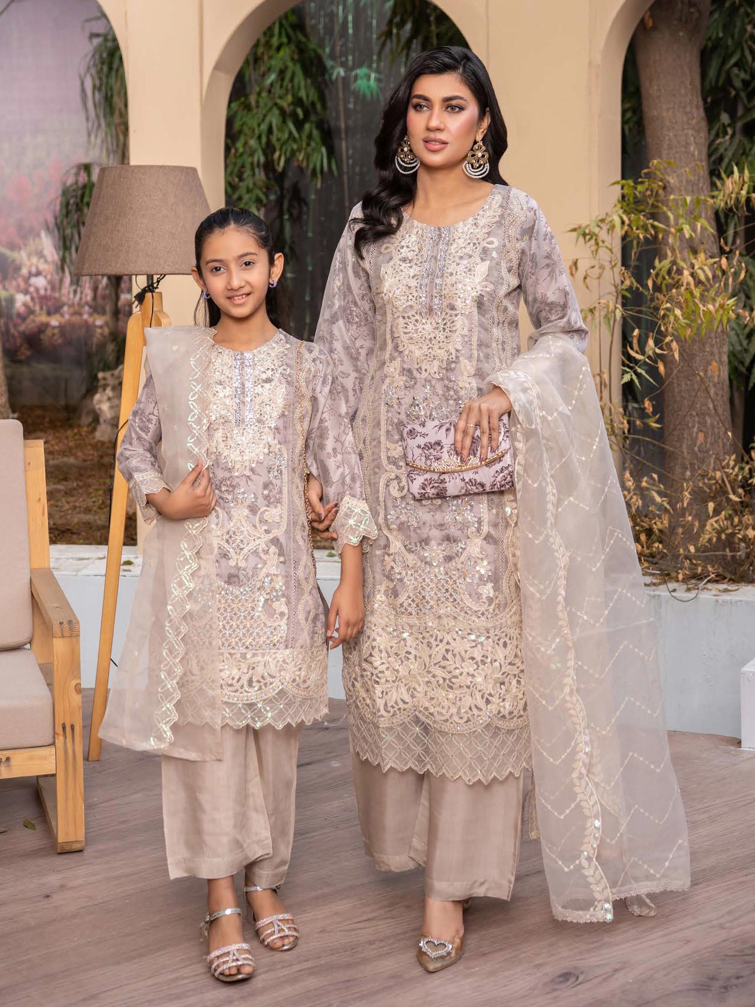 Rangz Mother-Daughter Lux Organza Suit with Clutch - Beige