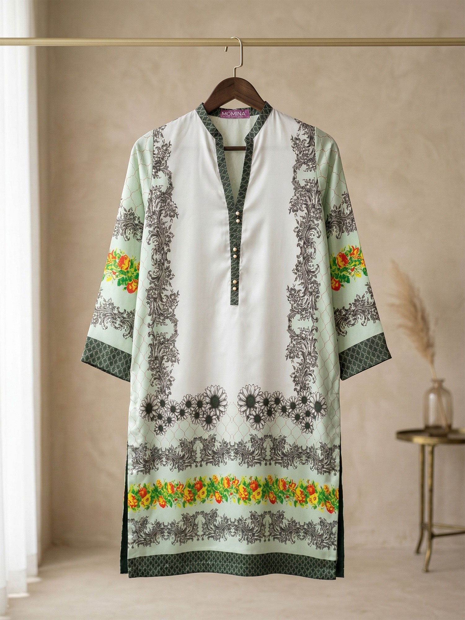 Printed Silk Kurta Shirt - Light Green