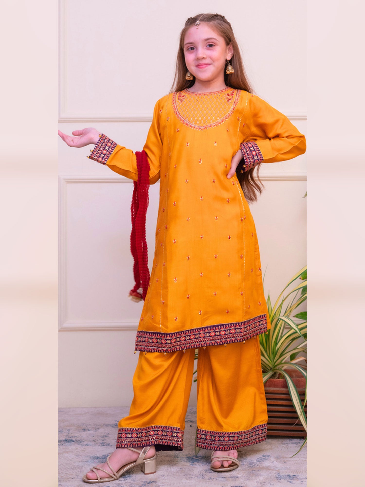 Kids Embroidered Lux Raw Silk Suit - Mustard