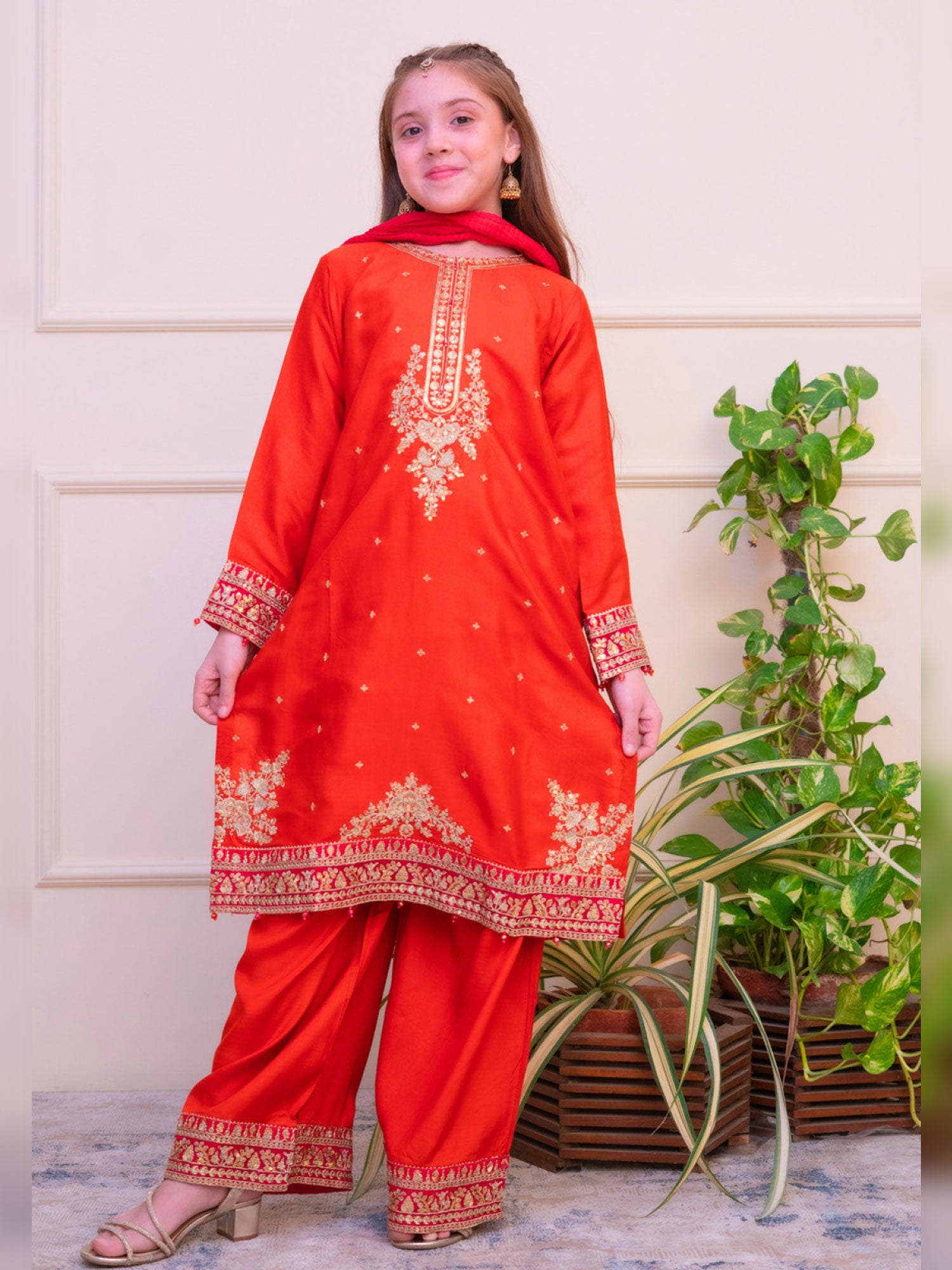 Kids Embroidered Lux Raw Silk Suit - Rust Red