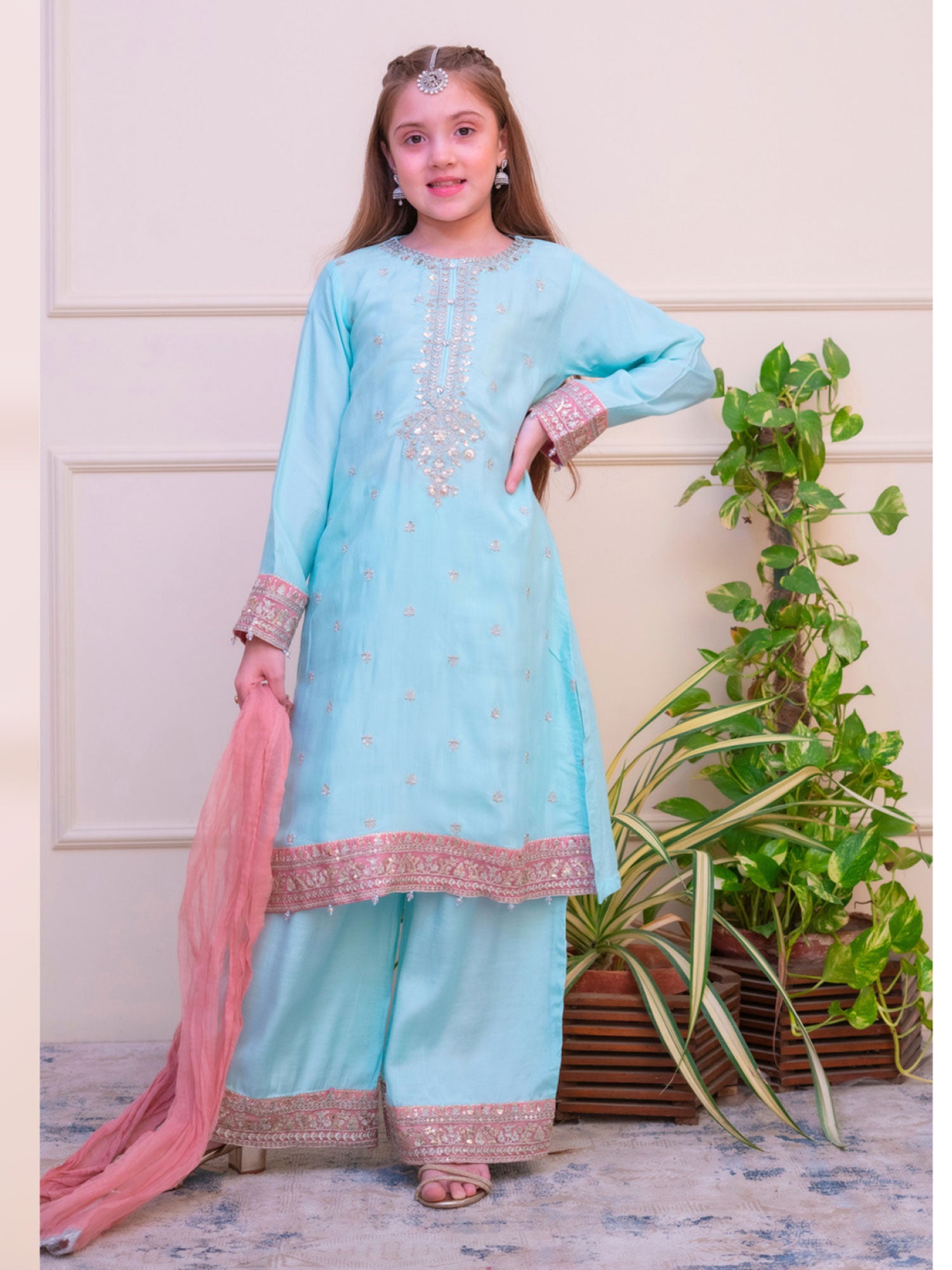 Kids Embroidered Lux Raw Silk Suit - Aqua Blue