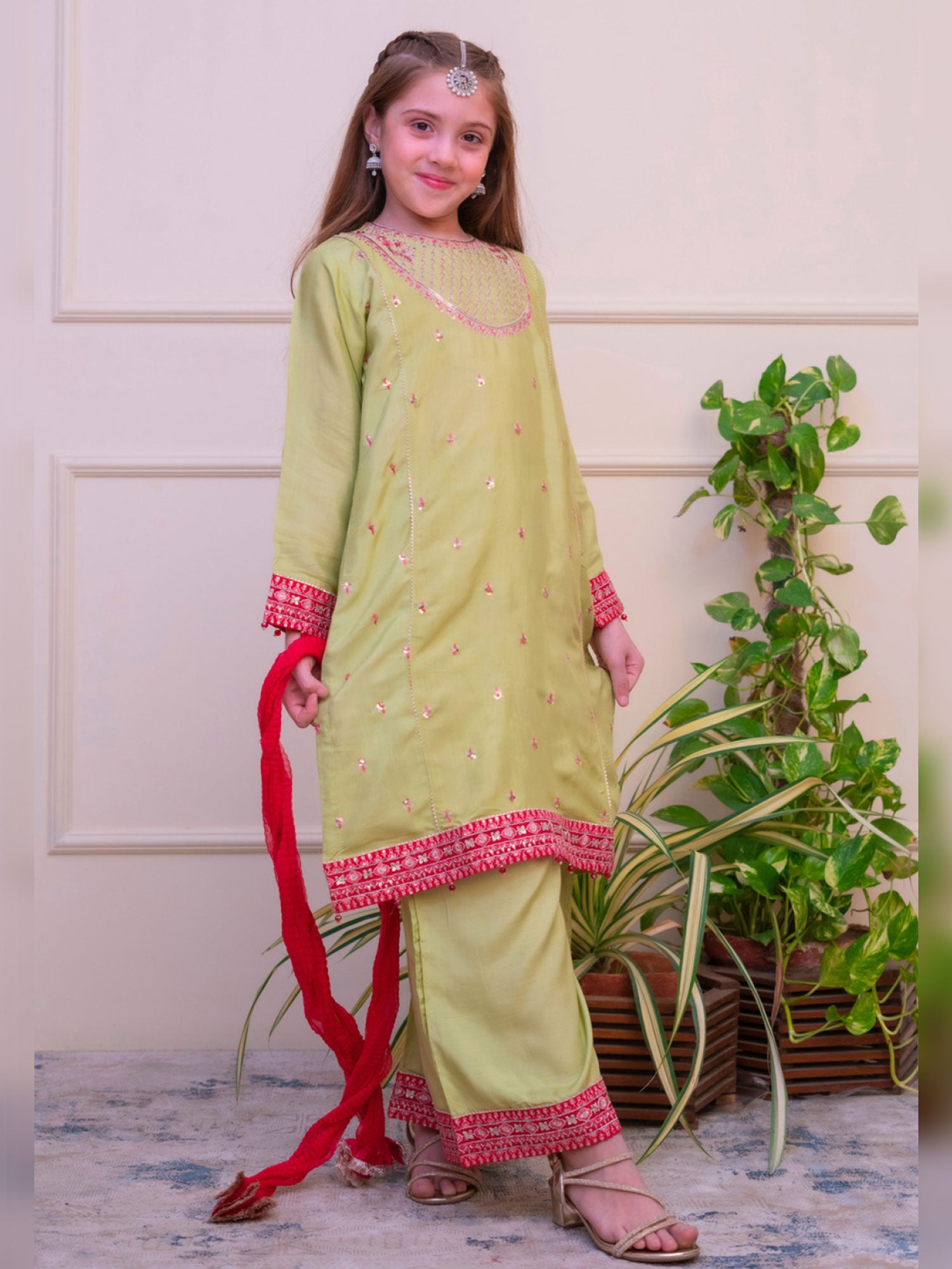 Kids Embroidered Lux Raw Silk Suit - Lime Green