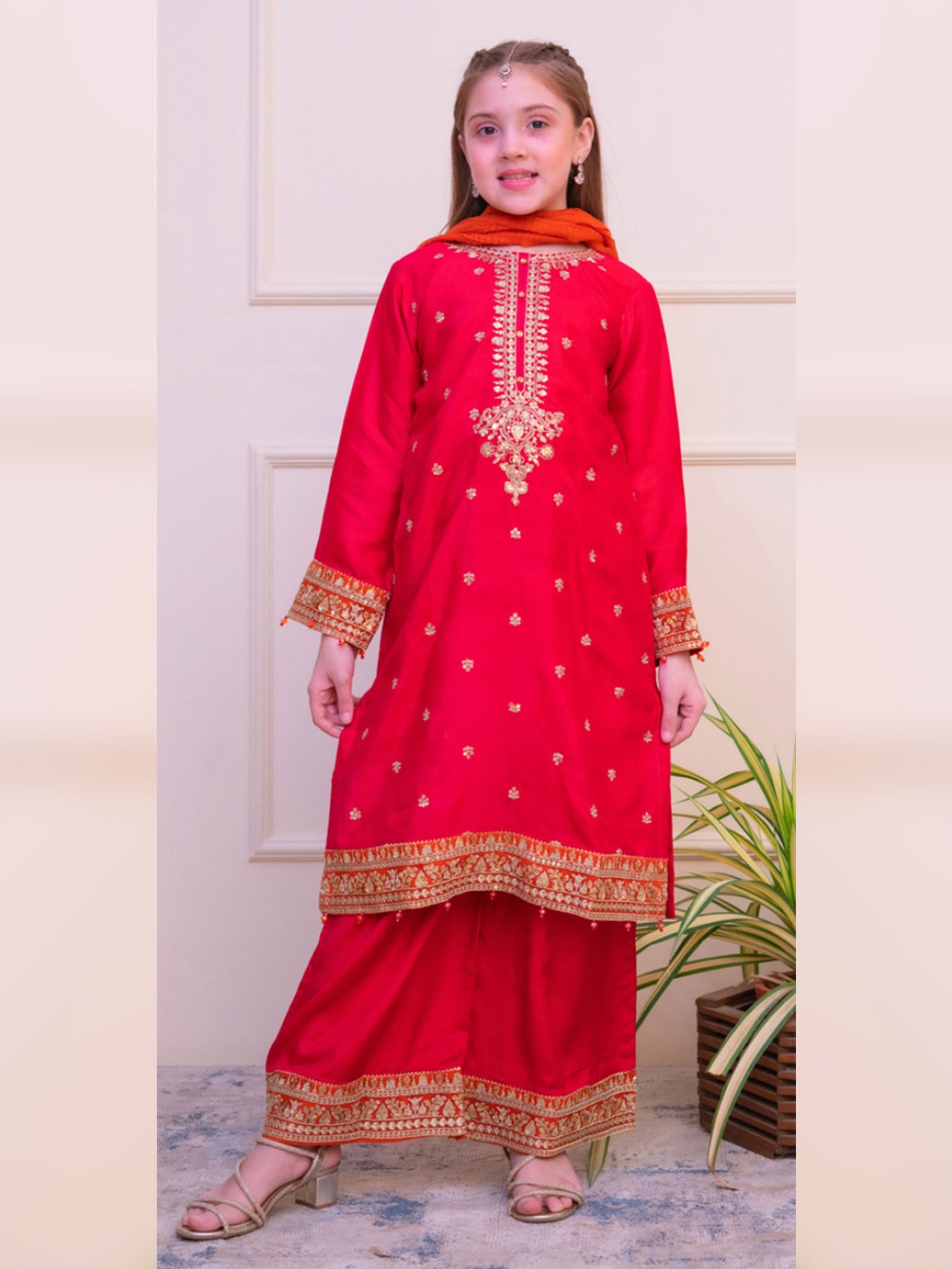Kids Embroidered Lux Raw Silk Suit - Pink