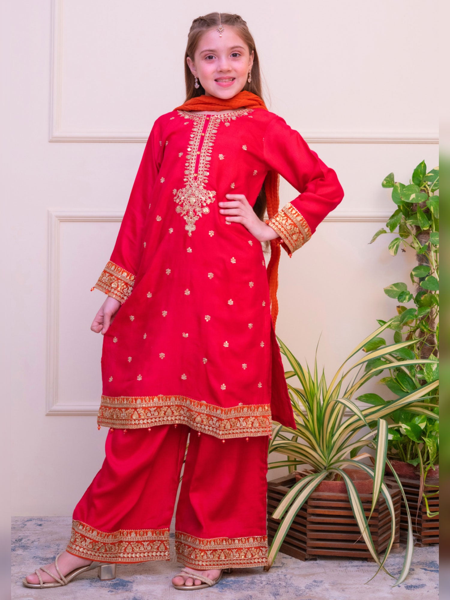 Kids Embroidered Lux Raw Silk Suit - Pink