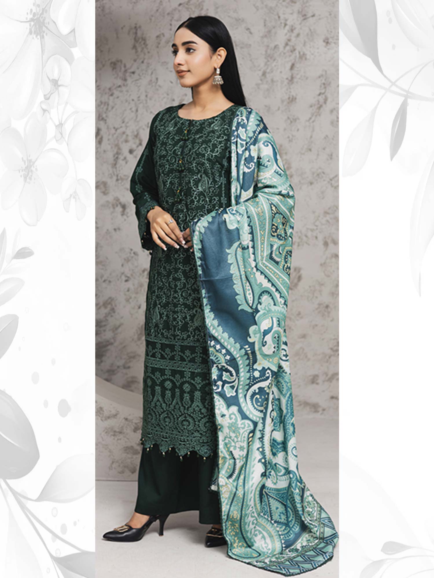 Rangz Green Winter Chikankari Dhanak Suit with Shawl