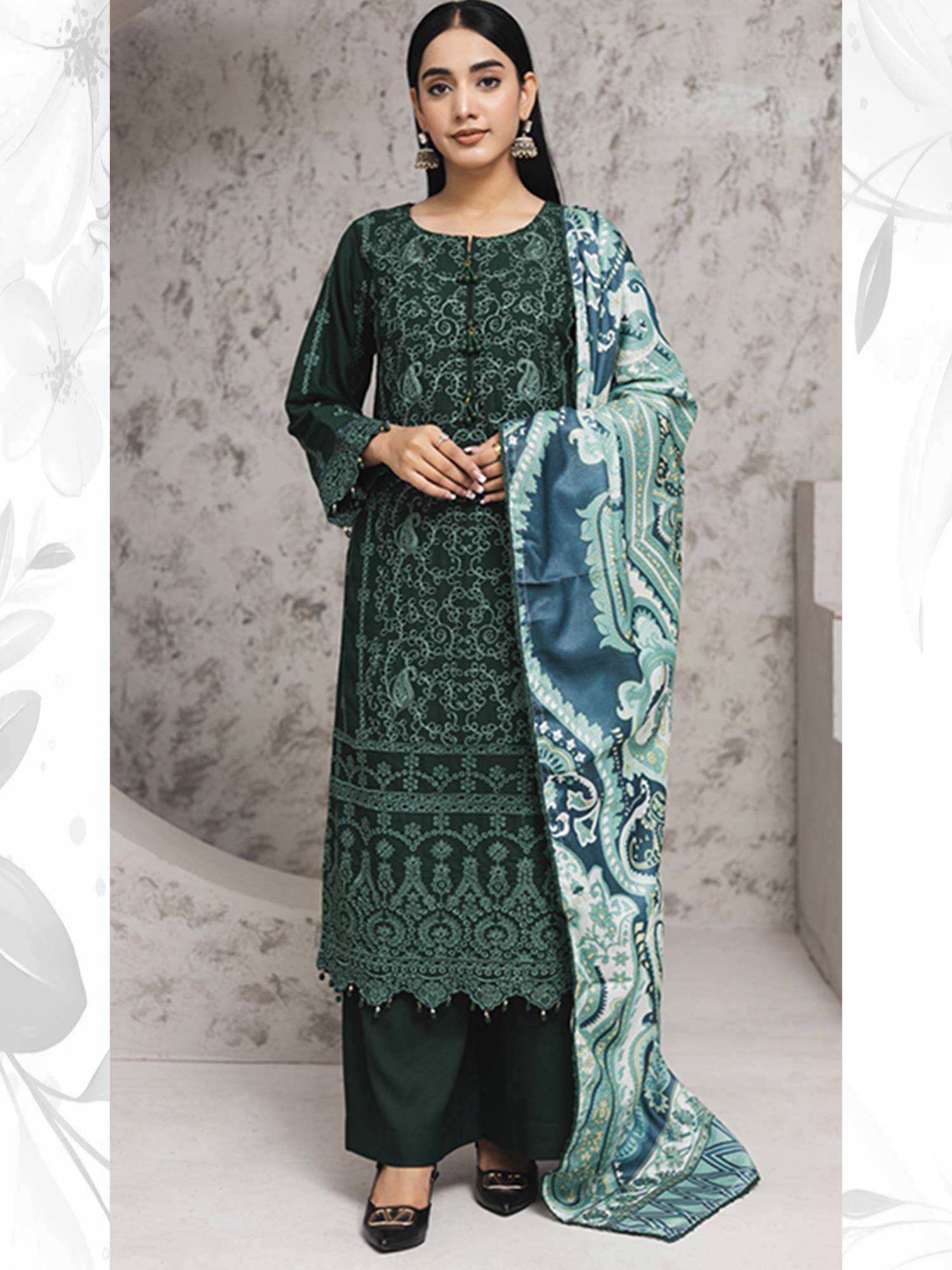 Rangz Green Winter Chikankari Dhanak Suit with Shawl