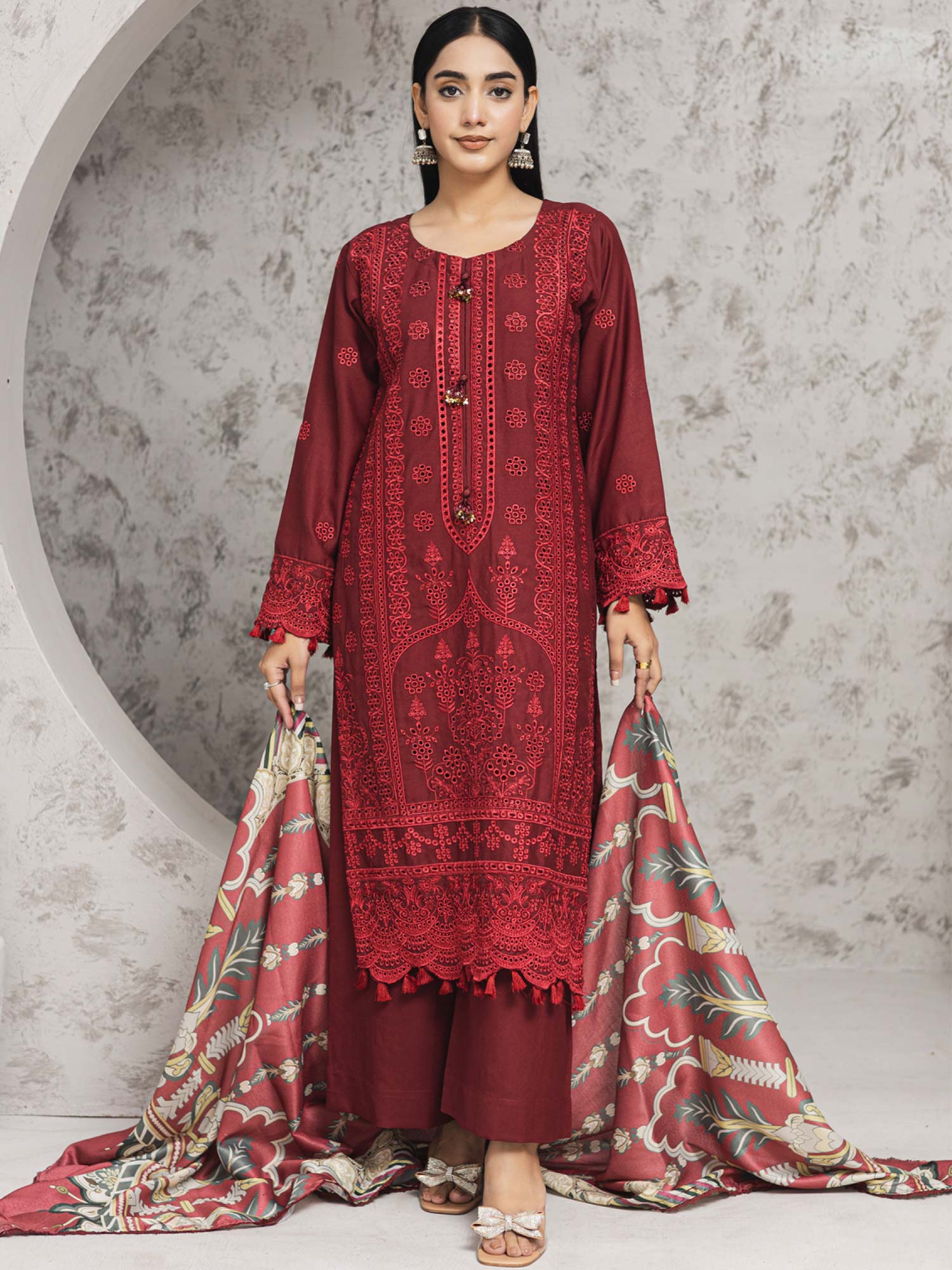 Rangz Dark Red Winter Chikankari Dhanak Suit with Shawl
