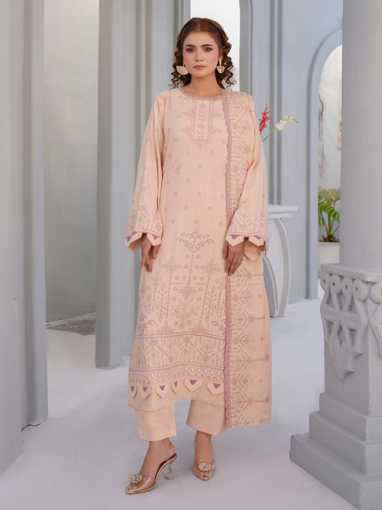 Manizay "Umang" Unstitched Winter Leather-Peach Suit (M-03)