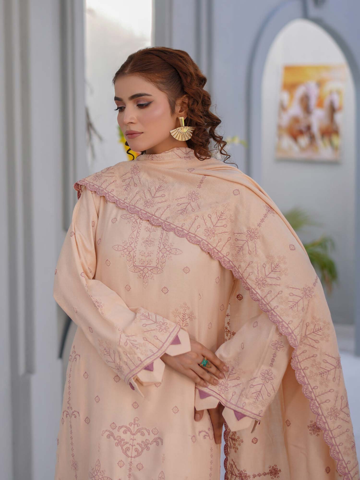 Manizay "Umang" Unstitched Winter Leather-Peach Suit (M-03)