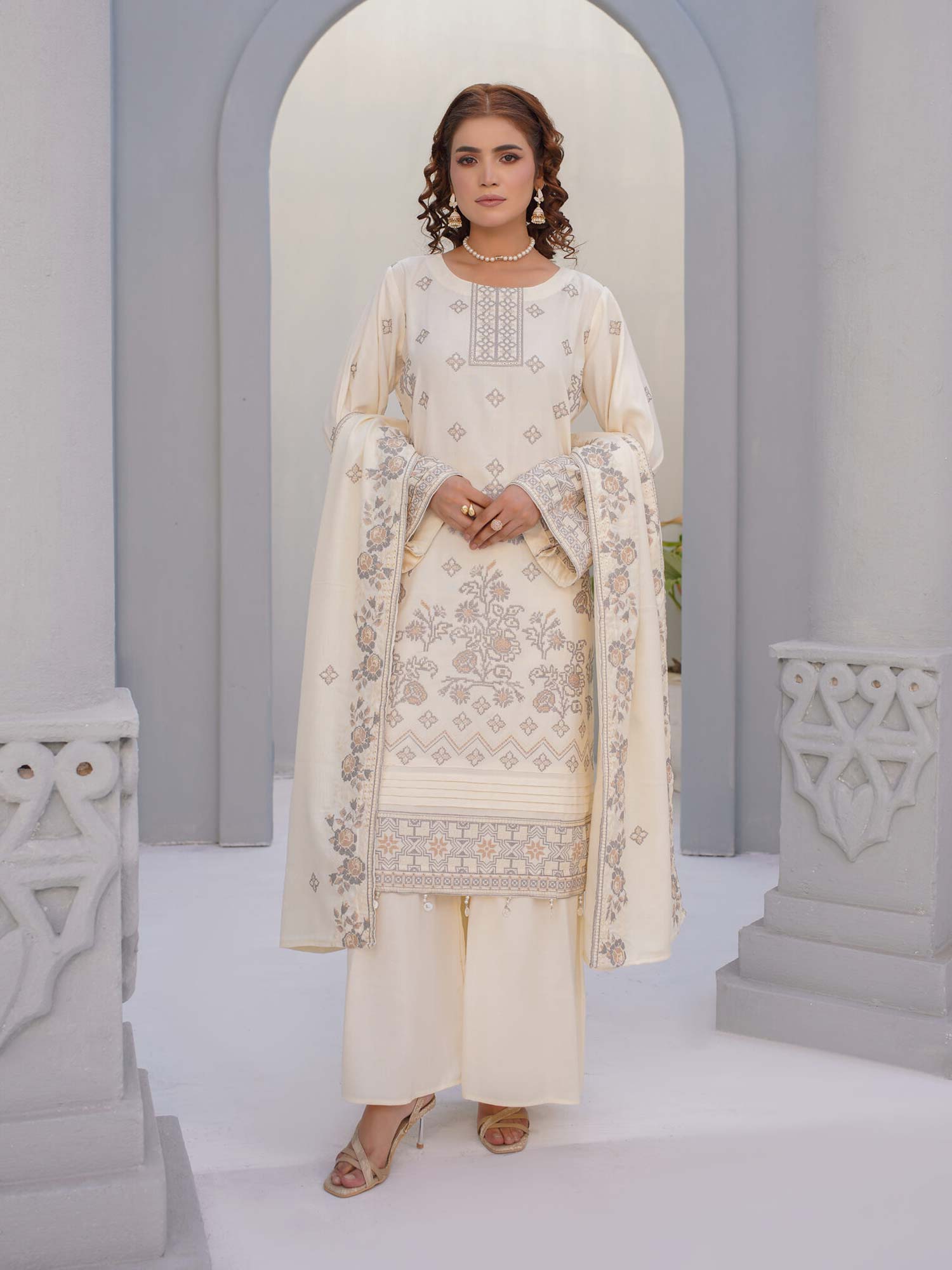 Manizay "Umang" Unstitched Winter Leather-Peach Suit (M-06)