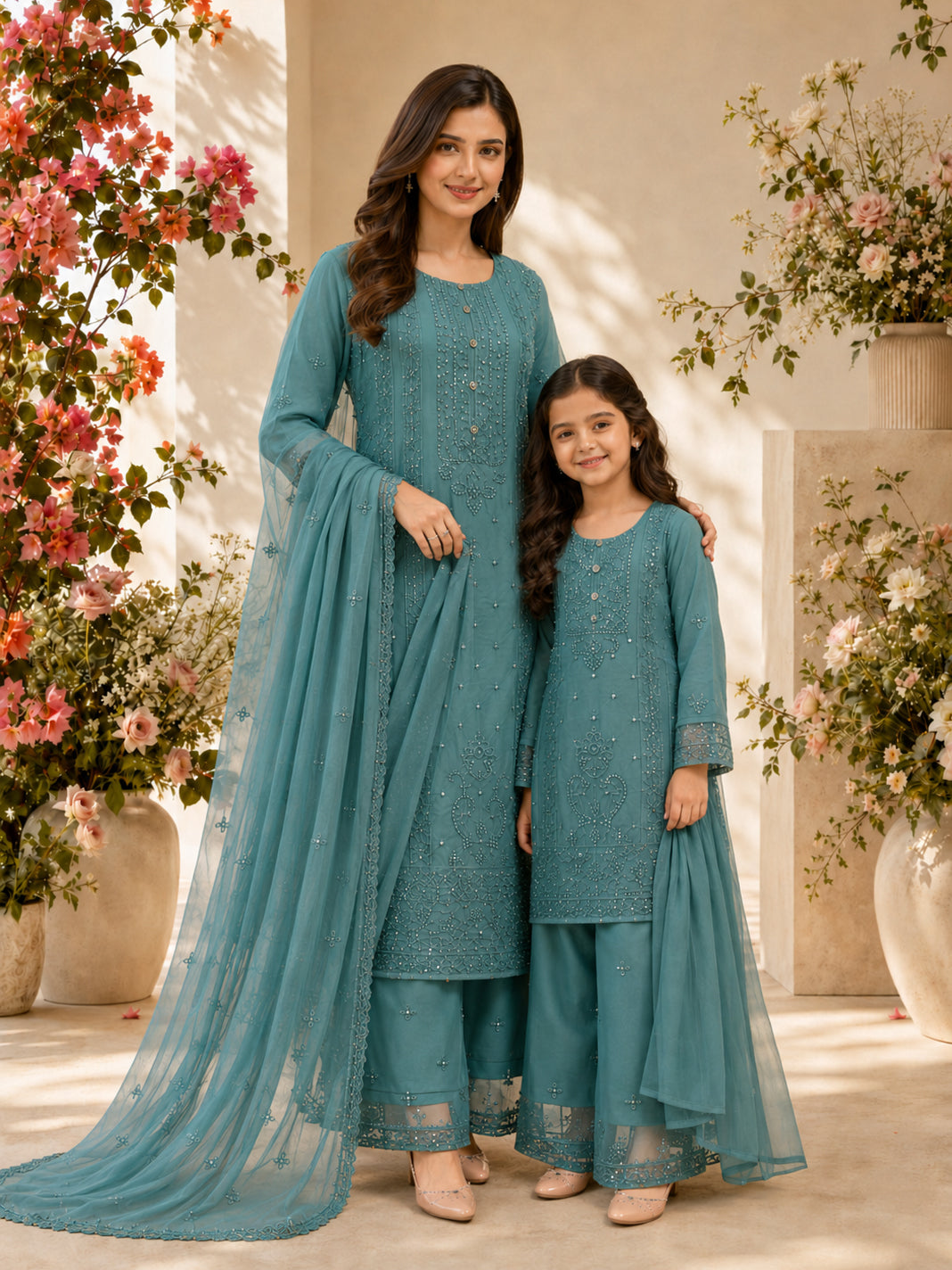 Mother-Daughter Chiffon Solids Embroidered Suit - Sea Green