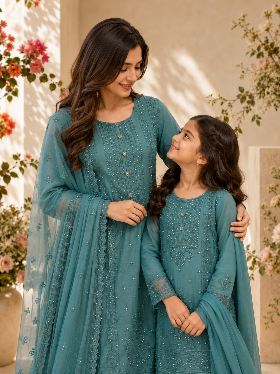 Mother-Daughter Chiffon Solids Embroidered Suit - Sea Green
