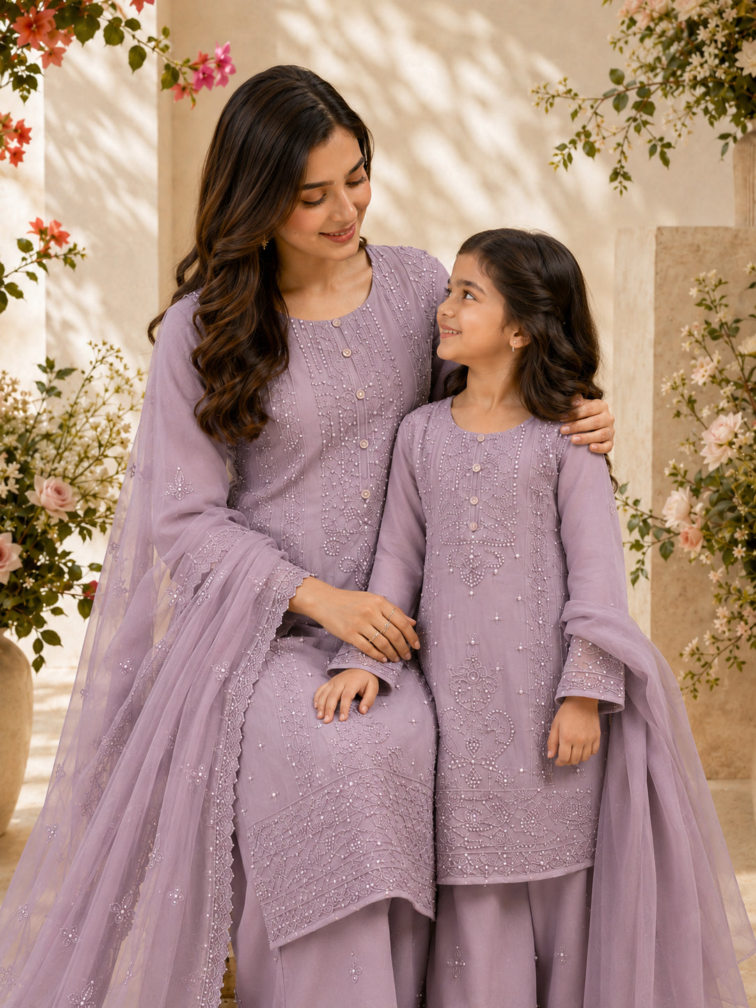 Mother-Daughter Chiffon Solids Embroidered Suit - Lilac