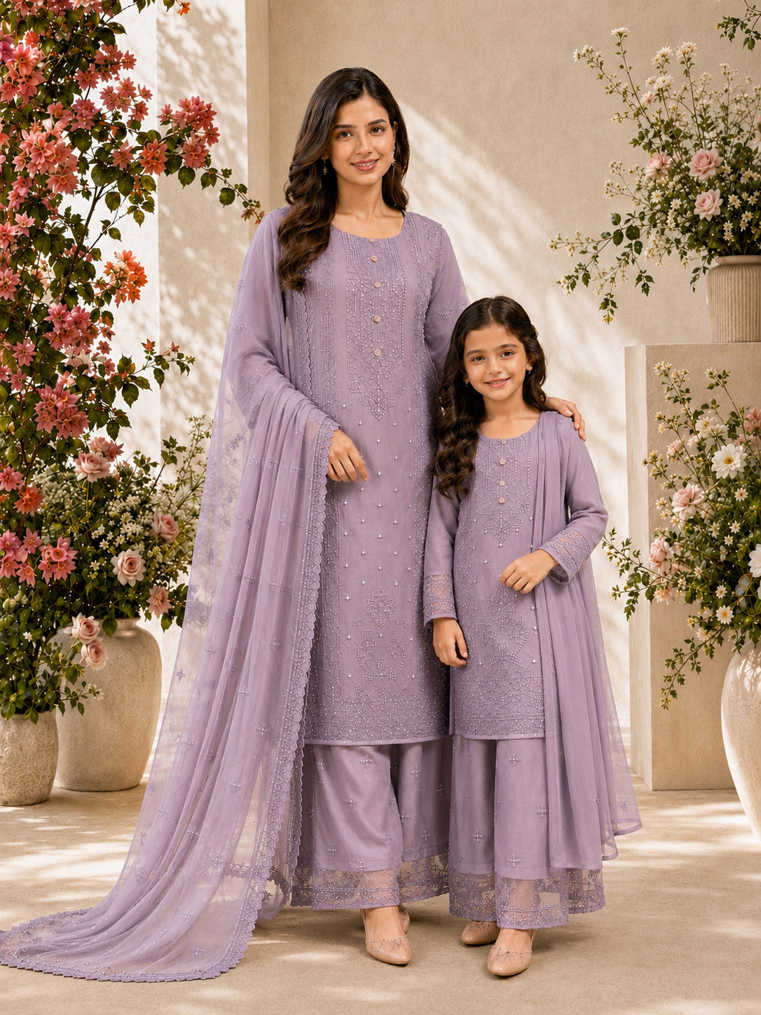 Mother-Daughter Chiffon Solids Embroidered Suit - Lilac