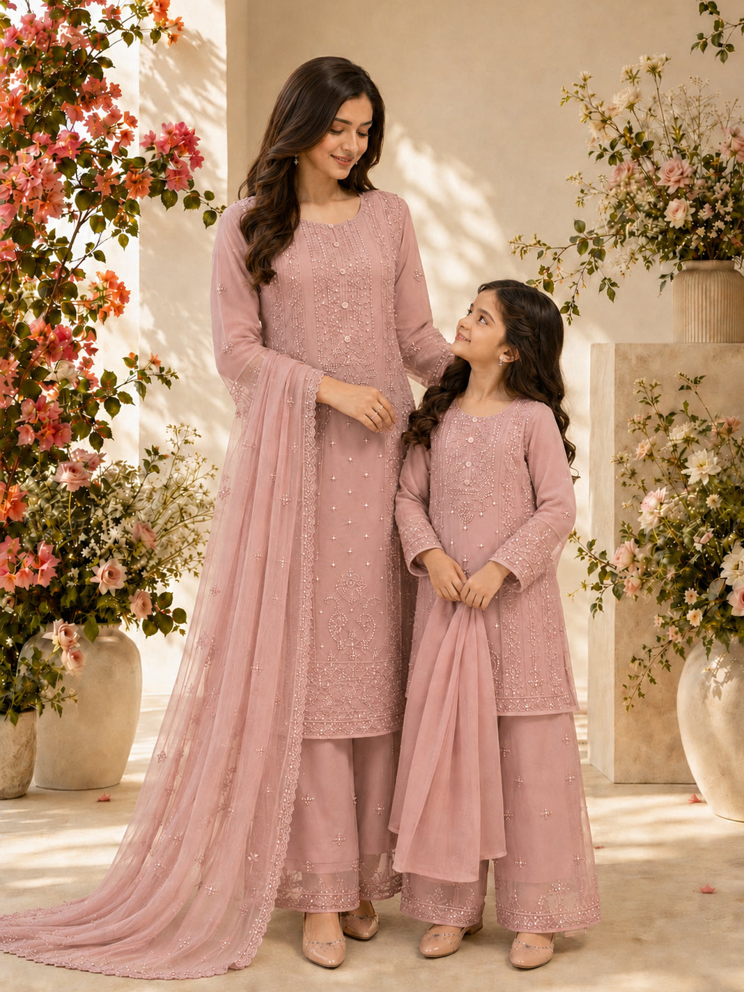Mother-Daughter Chiffon Solids Embroidered Suit - Dusky Pink