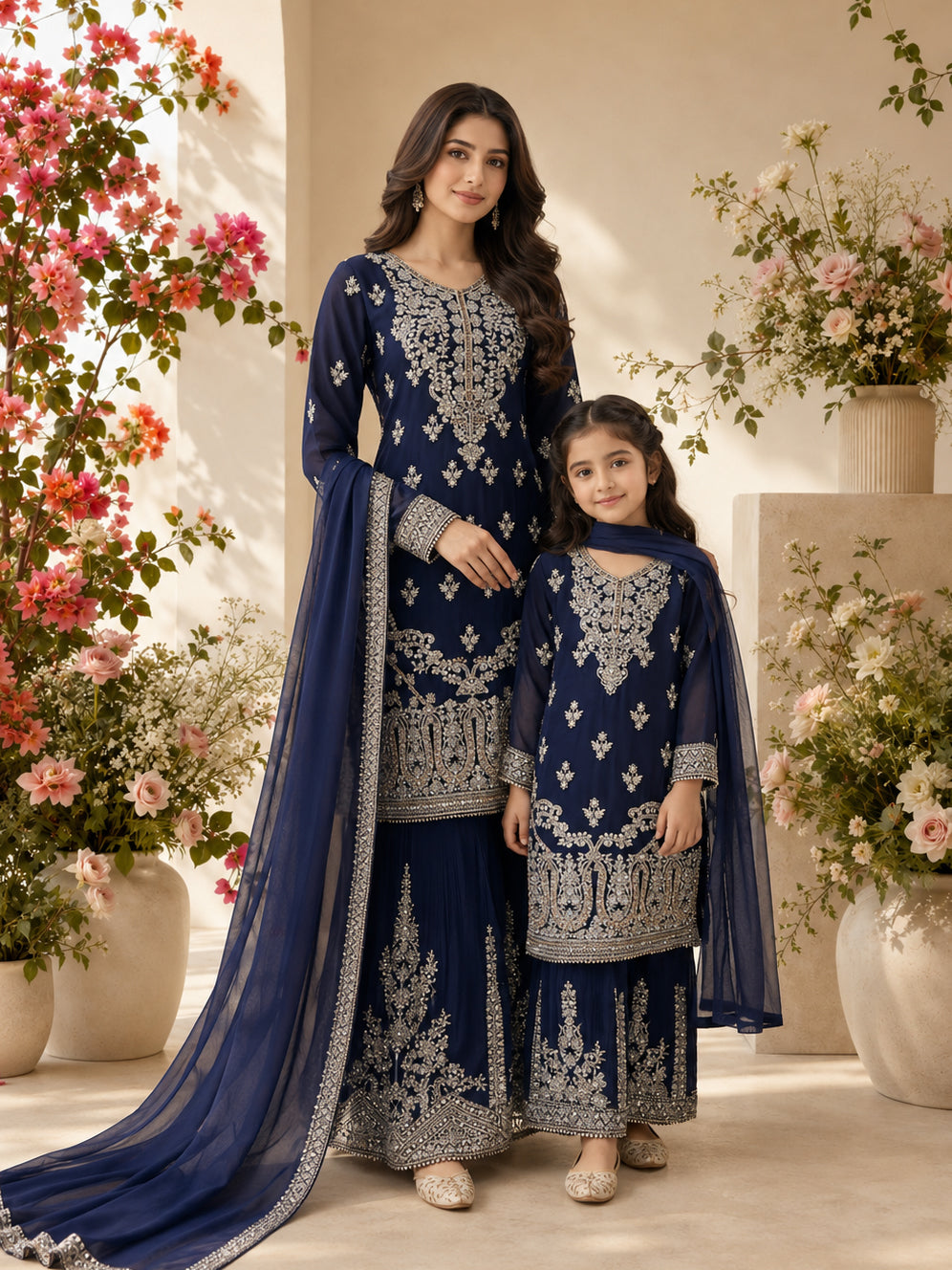 Mother-Daughter Chiffon Embroidered Suit with Gharara - Navy Blue