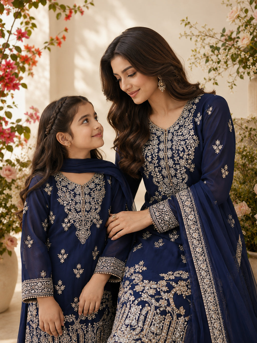 Mother-Daughter Chiffon Embroidered Suit with Gharara - Navy Blue