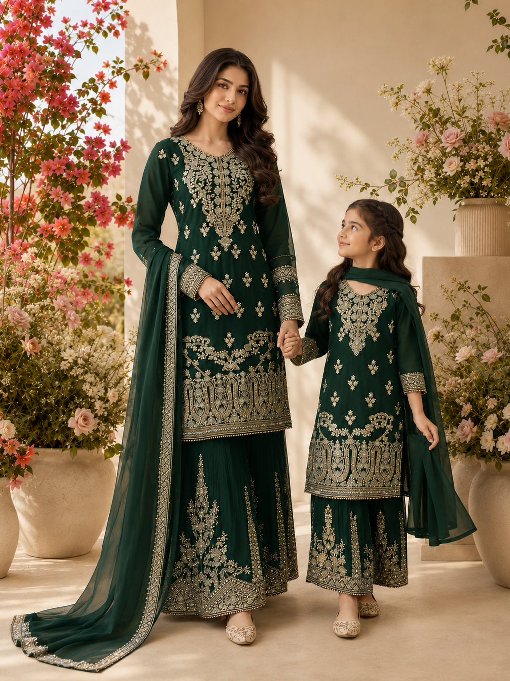 Mother-Daughter Chiffon Embroidered Suit with Gharara - Bottle Green