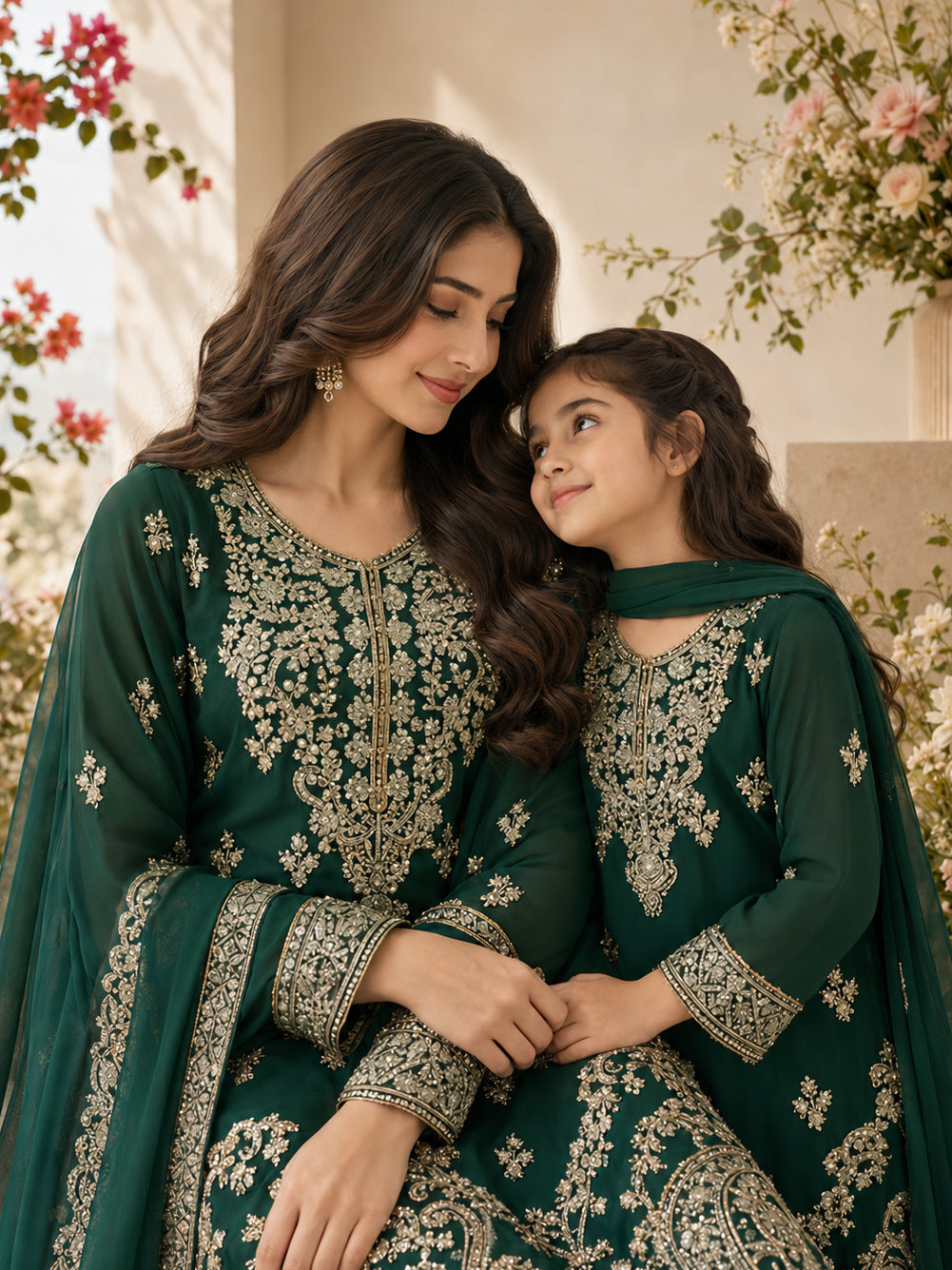 Mother-Daughter Chiffon Embroidered Suit with Gharara - Bottle Green