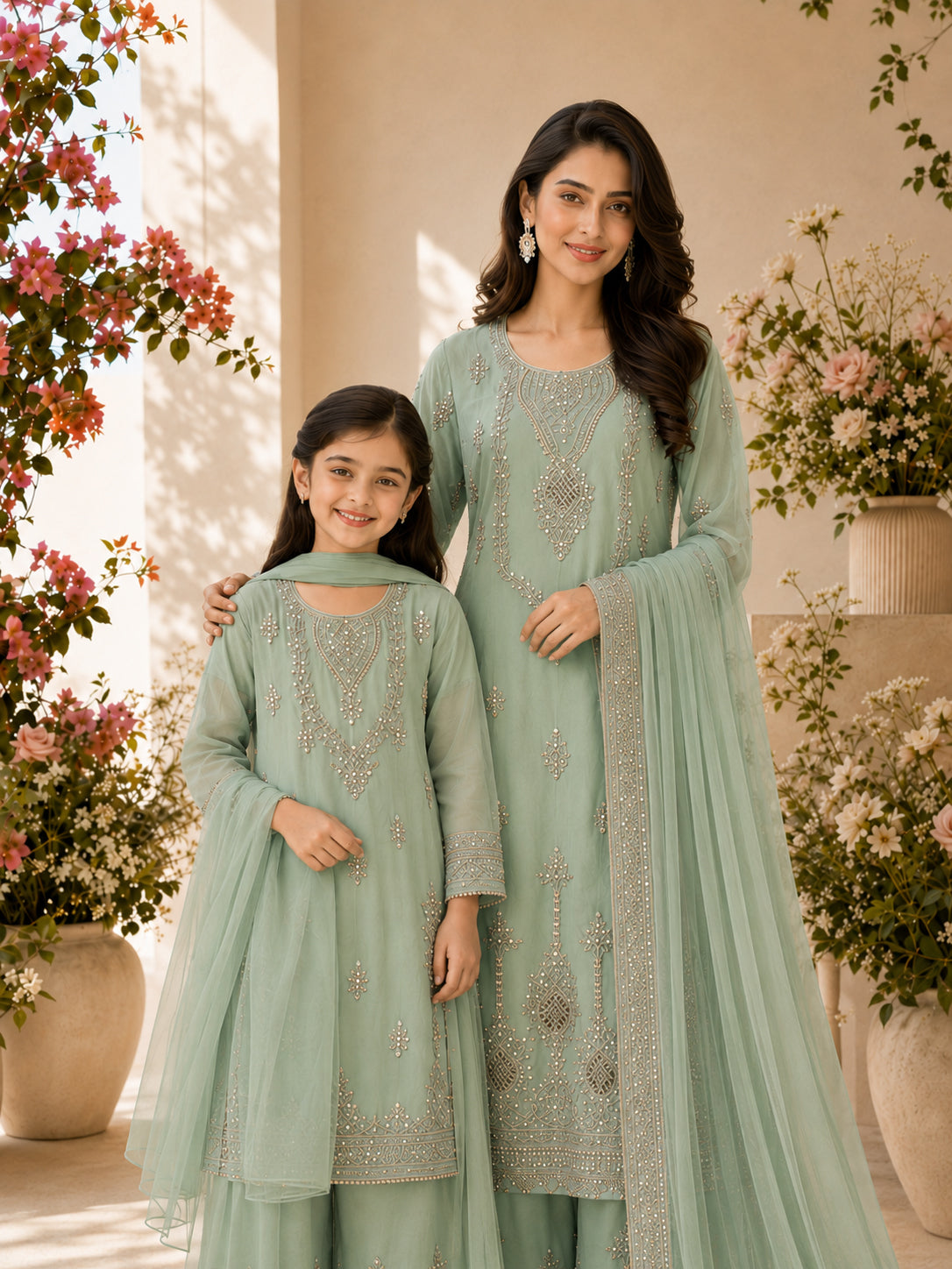 Mother-Daughter Chiffon Embroidered Suit - Mint Green