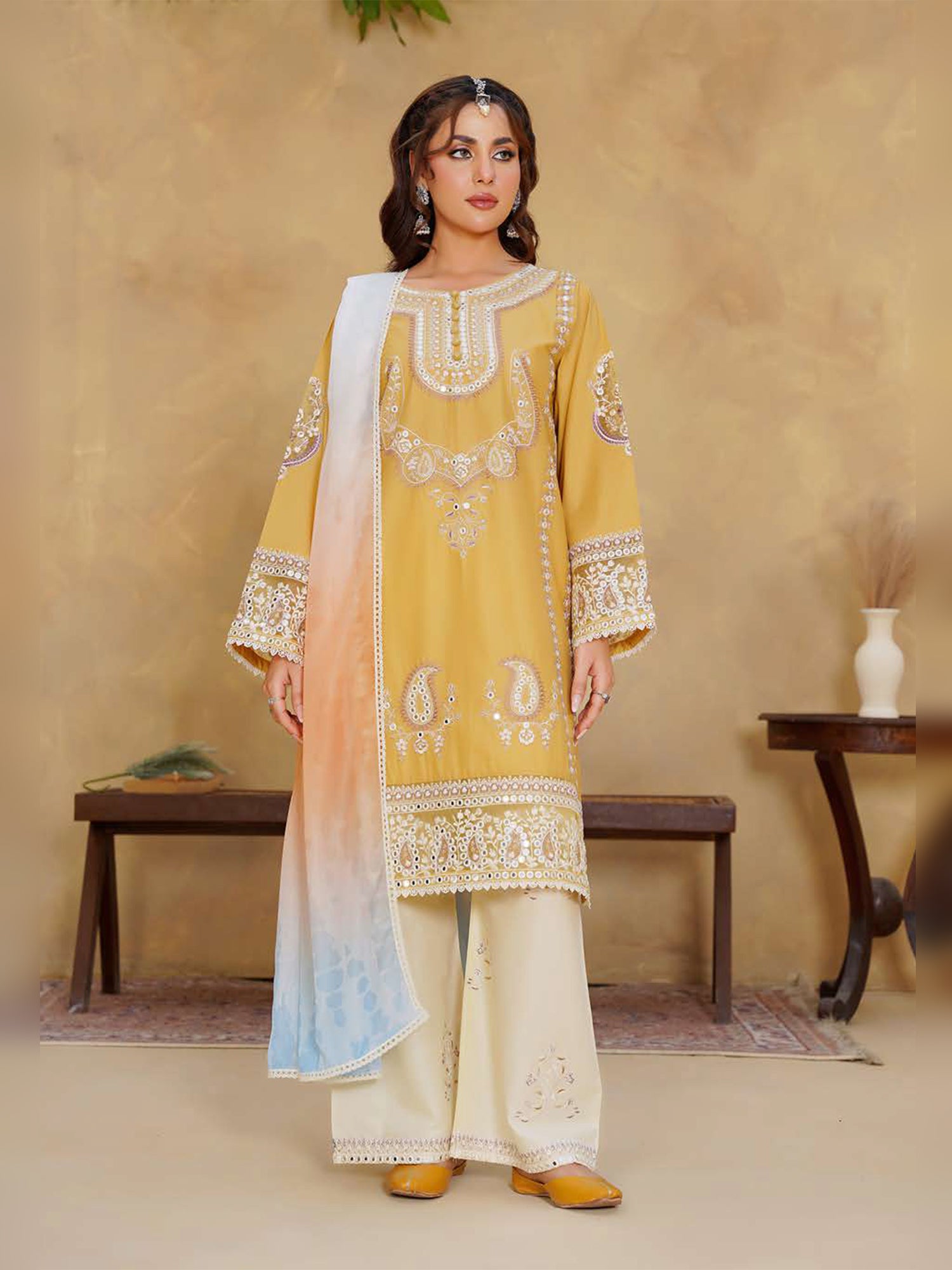Yellow Embroidered Cotton-Lawn 3-Piece Suit (MD06-B)