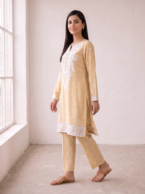 Cream embroidered georgette suit - three-quarter view