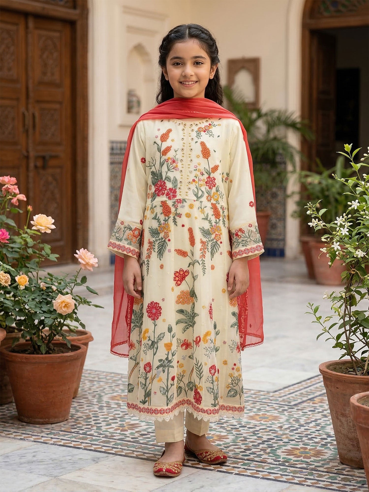 Kids Embroidered Chiffon Long Frock 3-Piece Suit - Cream