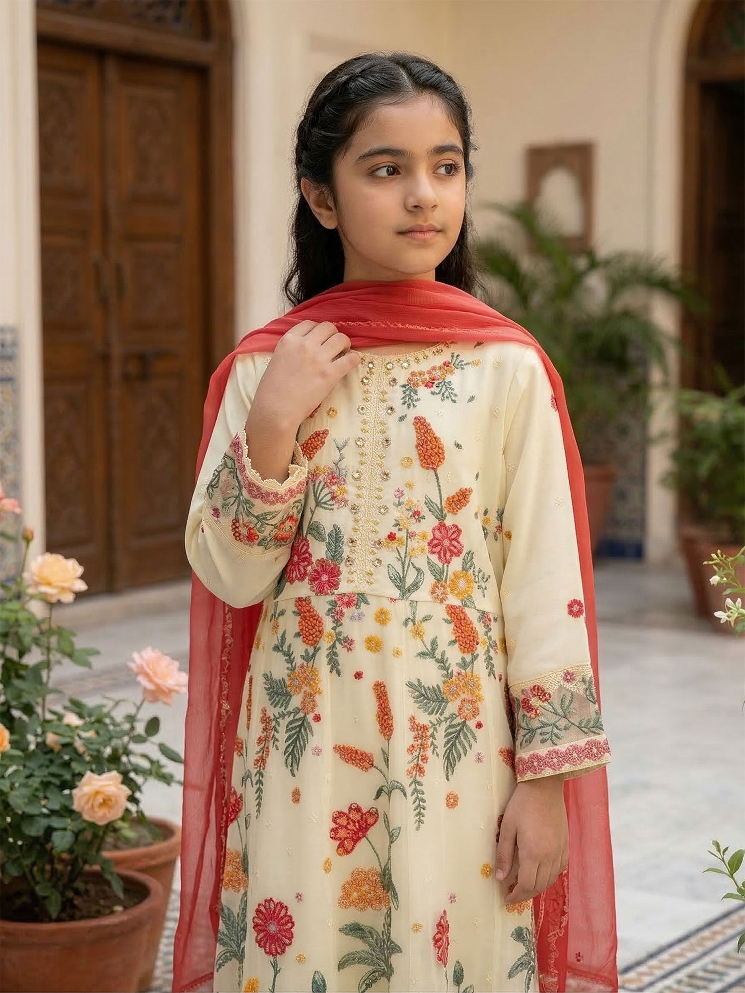 Kids Embroidered Chiffon Long Frock 3-Piece Suit - Cream