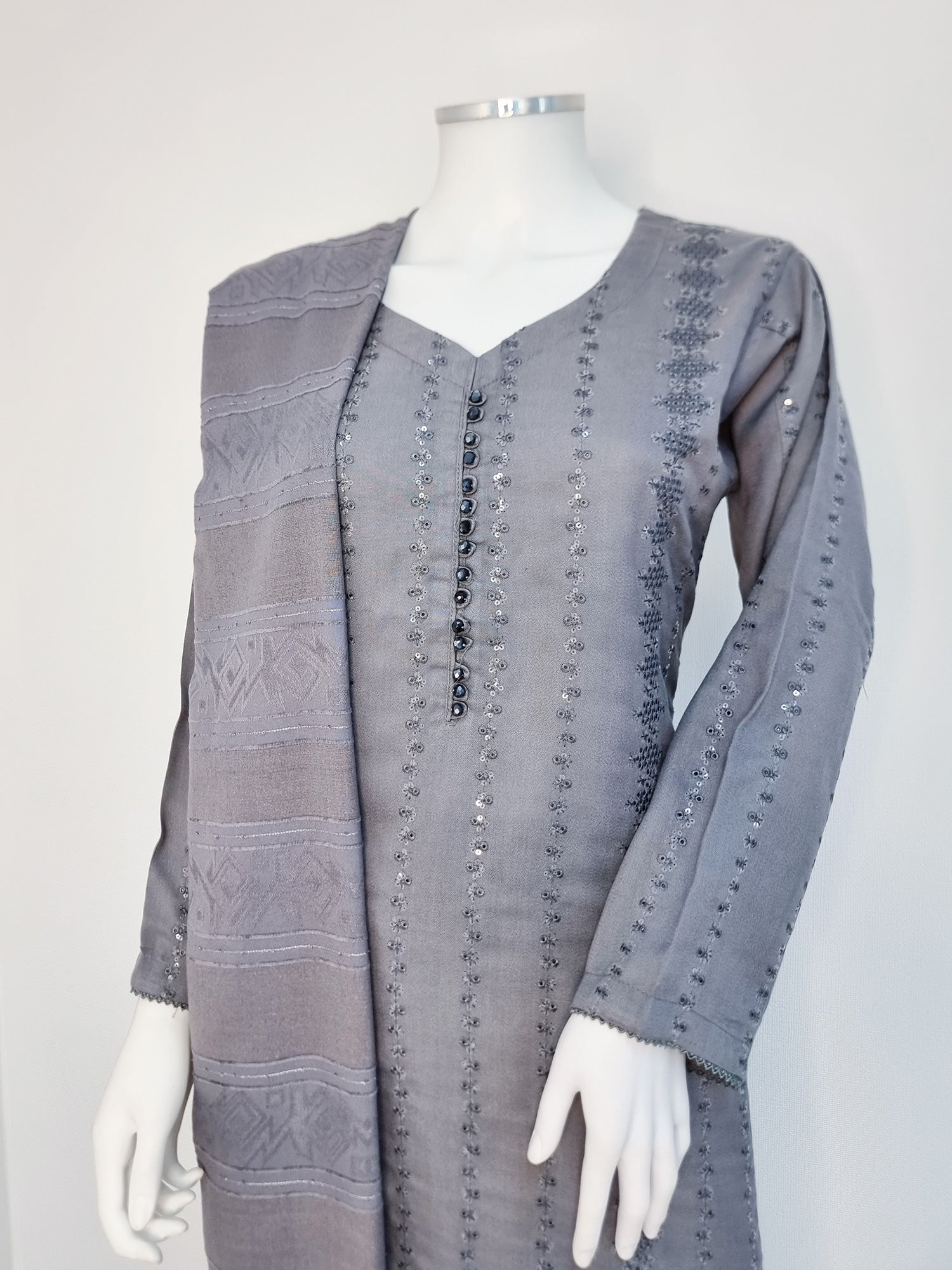 Grey Schiffli Dhanak 3-Piece Suit with Shawl