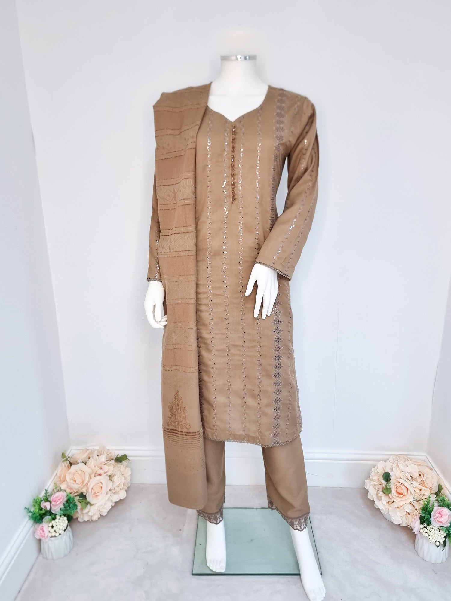 Brown Schiffli Dhanak 3-Piece Suit with Shawl