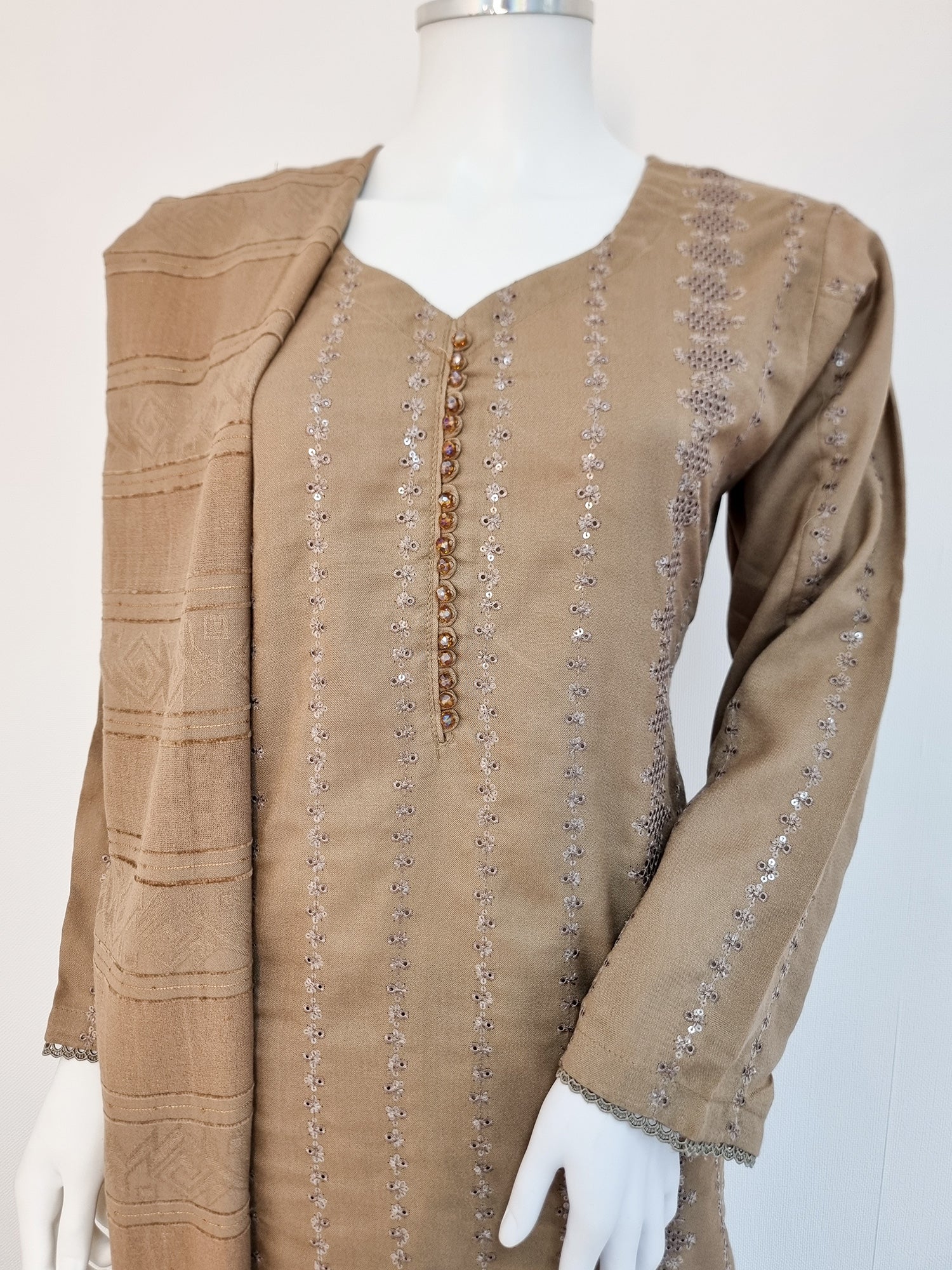 Brown Schiffli Dhanak 3-Piece Suit with Shawl