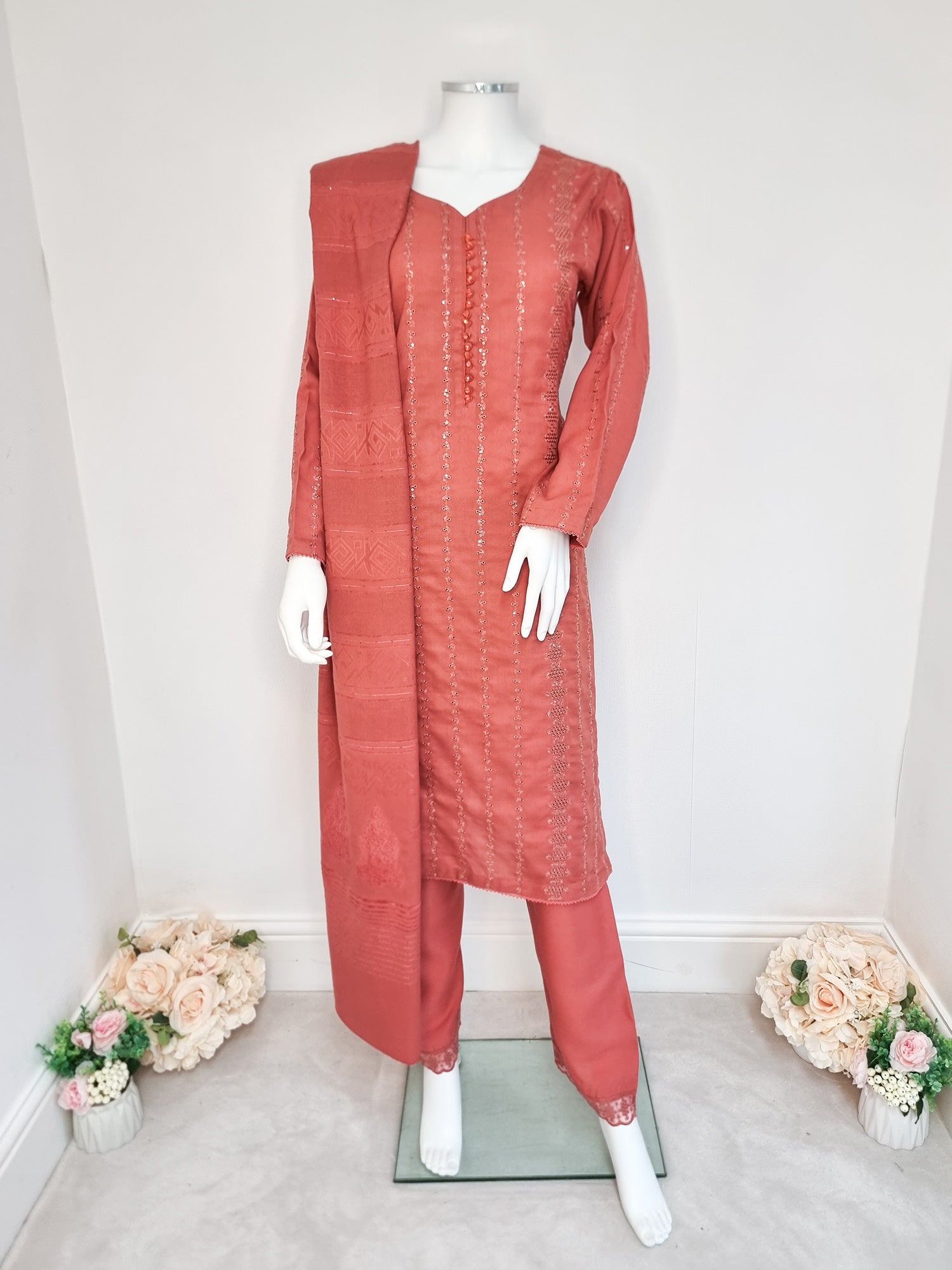 Coral Pink Schiffli Dhanak 3-Piece Suit with Shawl