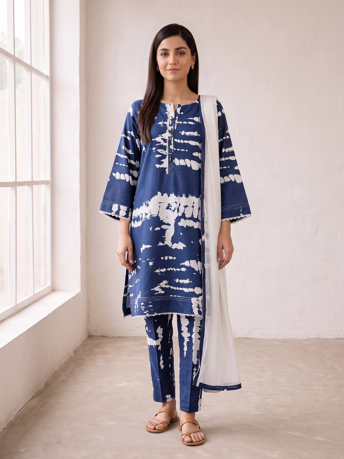Blue and white tie-dye soft linen casual 3-piece suit with white dupatta - front view