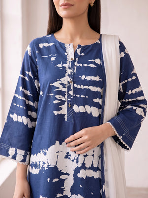 Blue and white tie-dye linen shirt placket close-up