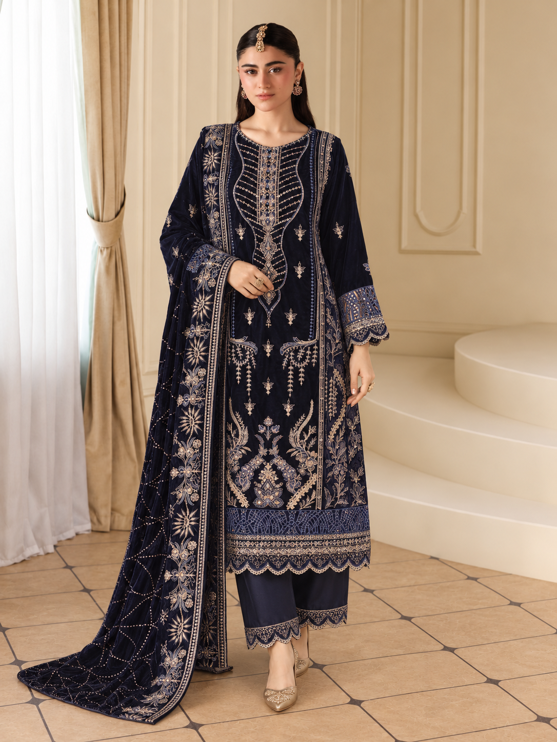MOMINA Embroidered Velvet Lux 3-Piece Suit - Purple