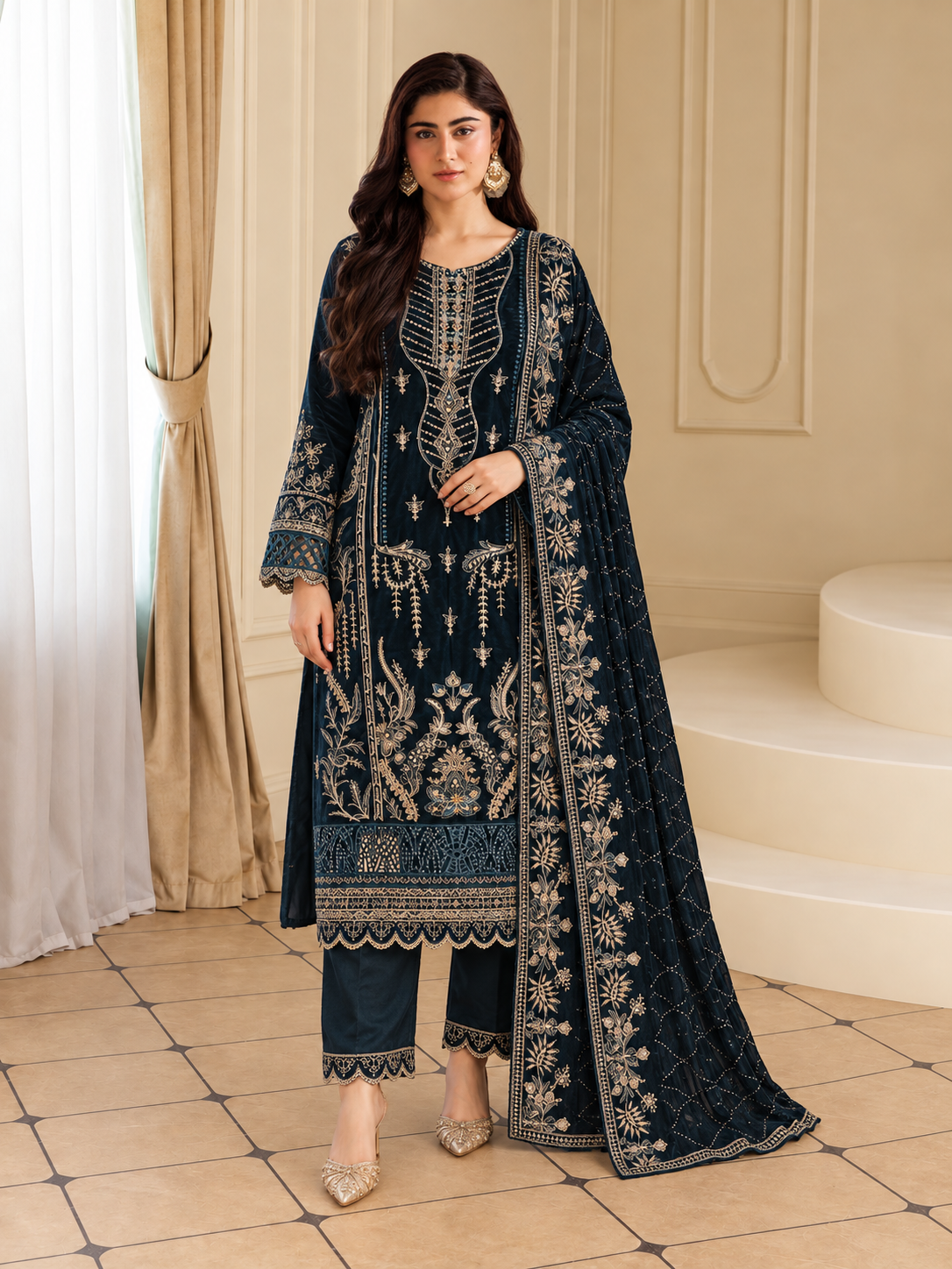 MOMINA Embroidered Velvet Lux 3-Piece Suit - Teal