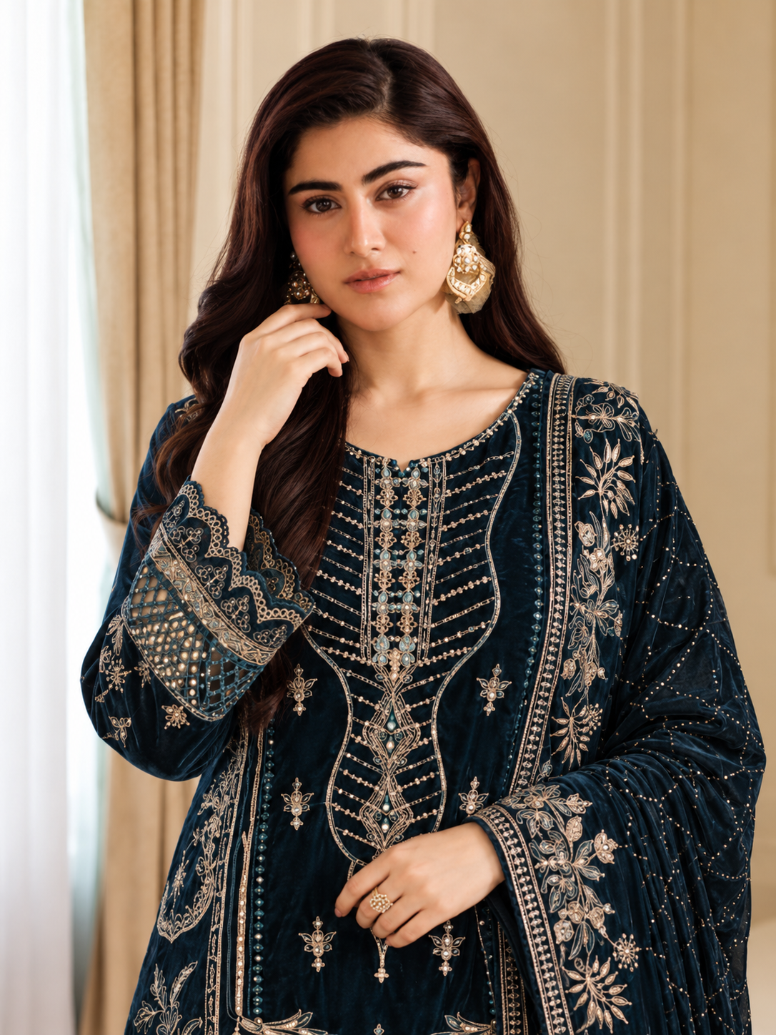 MOMINA Embroidered Velvet Lux 3-Piece Suit - Teal