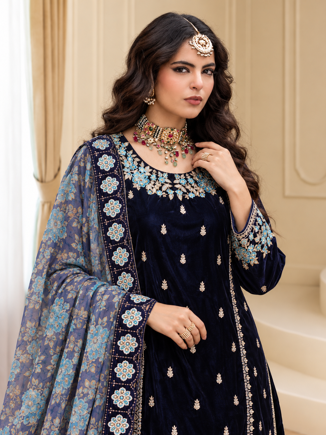 MOMINA Embroidered Velvet Flared Trouser Suit with Printed Dupatta - Deep Blue