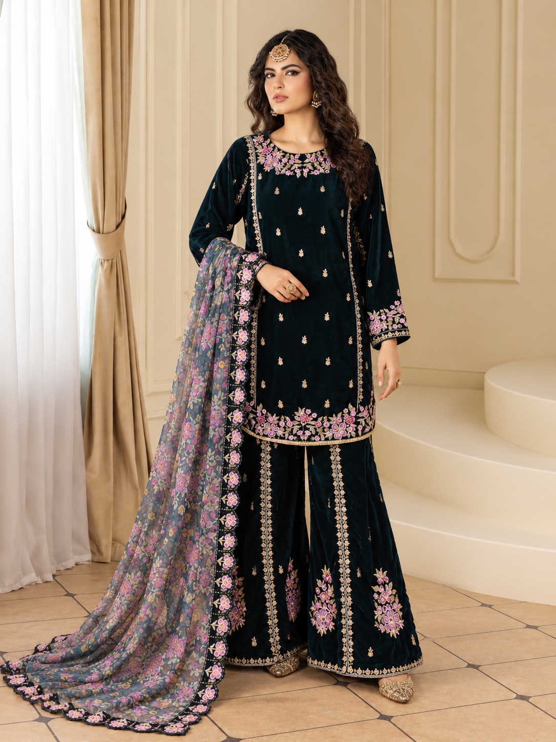 MOMINA Embroidered Velvet Flared Trouser Suit with Printed Dupatta - Dark Teal