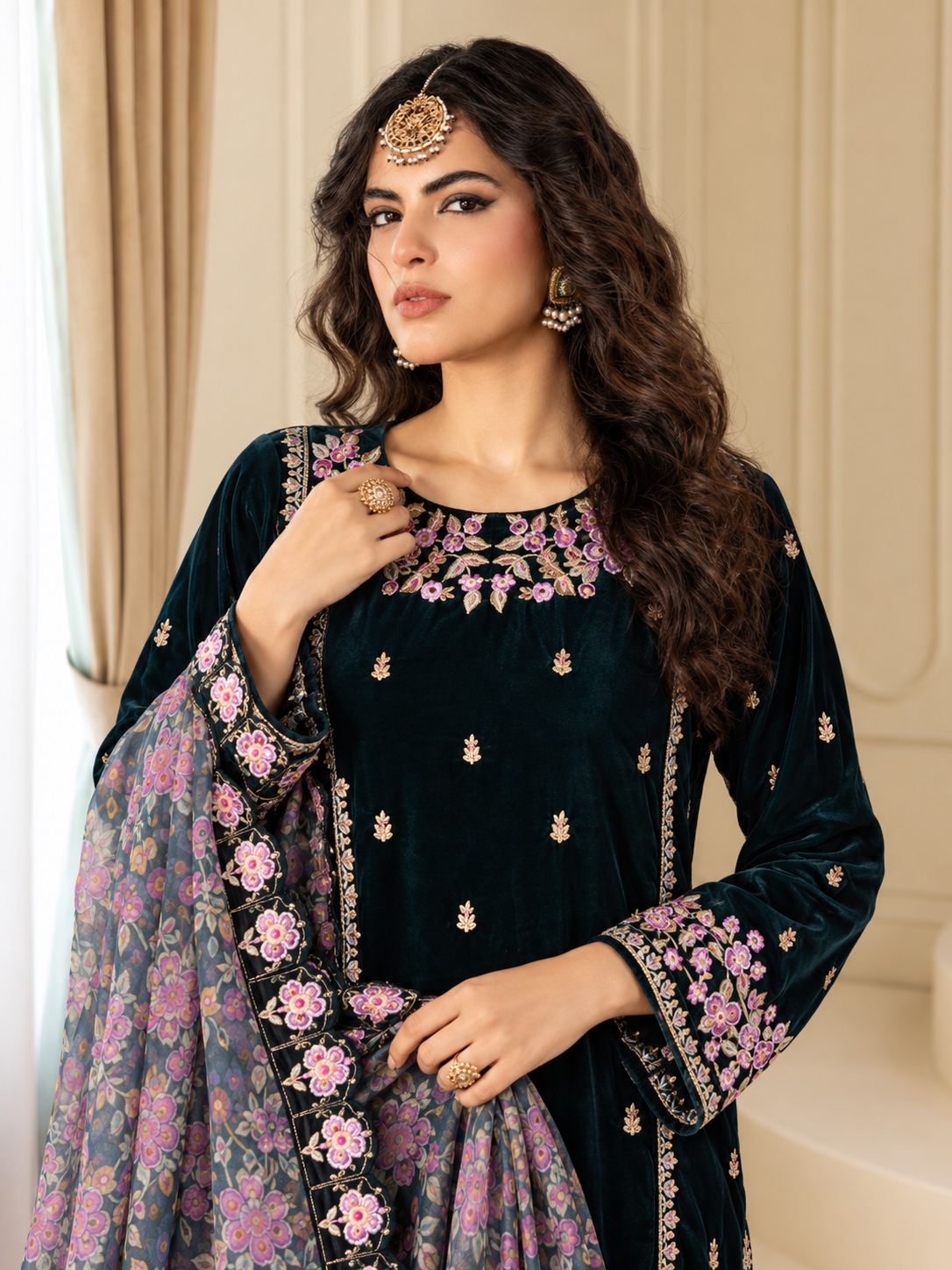 MOMINA Embroidered Velvet Flared Trouser Suit with Printed Dupatta - Dark Teal