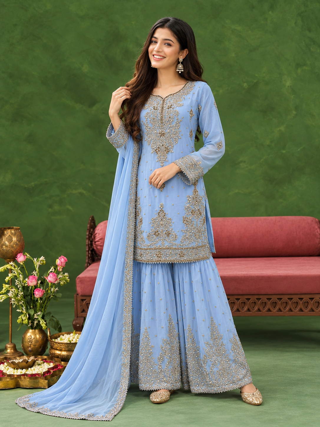 Chiffon Embroidered Gharara 3-Piece Suit - Sky Blue